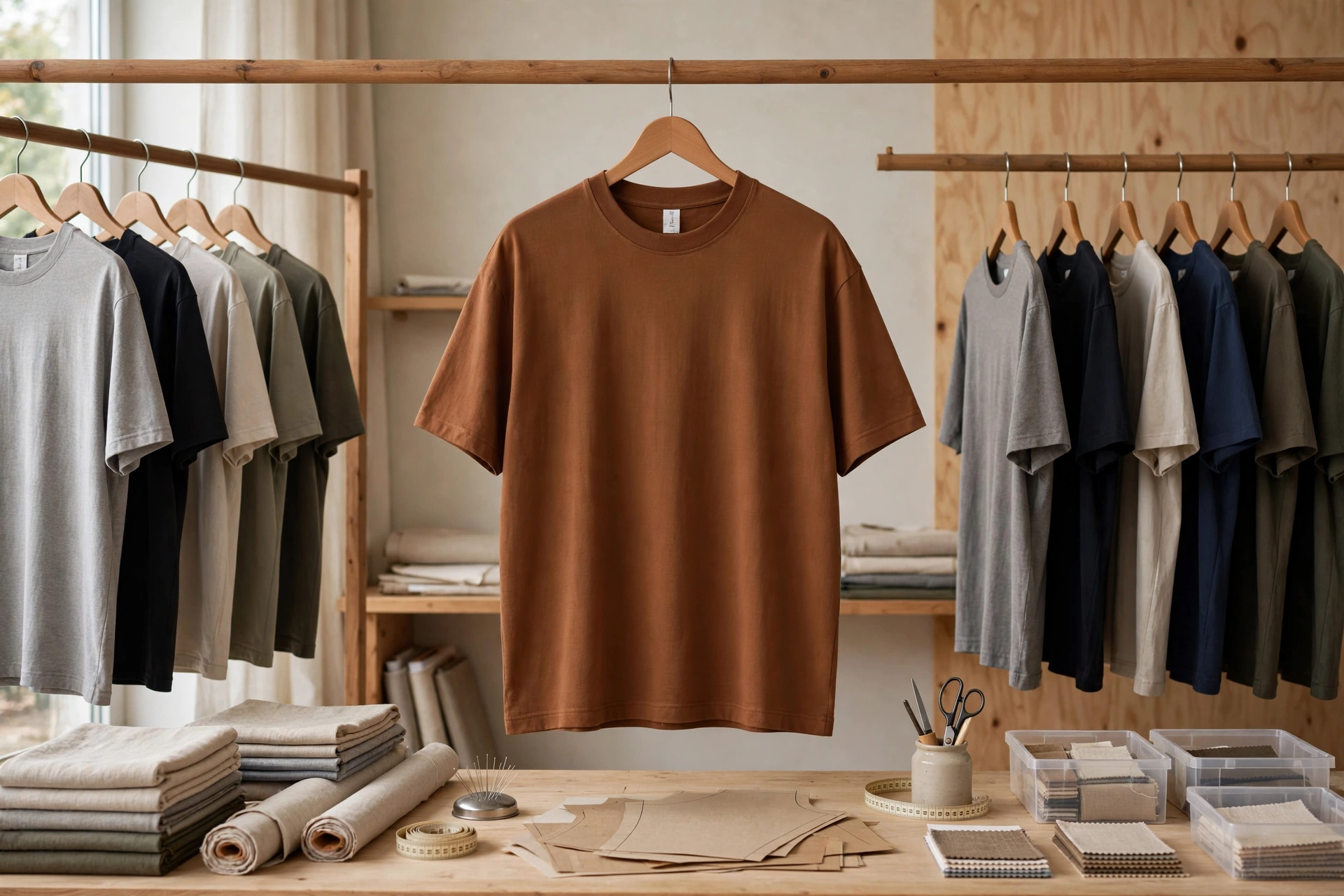 Brown caramel oversized plain t-shirt hanging on wooden hanger in granular grading studio with XS to Adult 4XL sizing templates pattern pieces and size run racks - diverse demographic consistent fits for boutique and streetwear collections