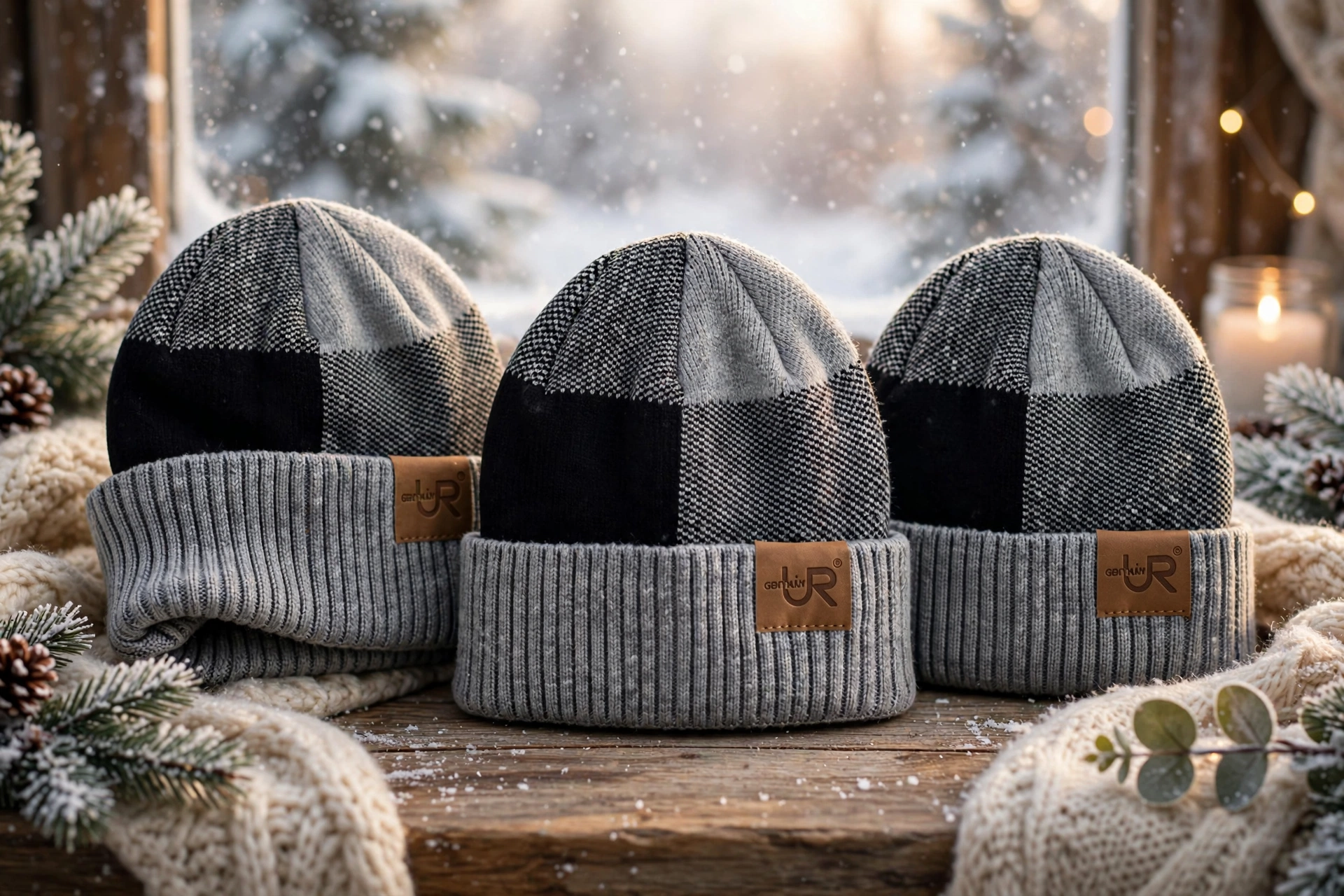 Three grey black checkered snug ribbed winter beanies with brown JR leather patch and ribbed cuff on wooden table by snowy window - flexible stretch-knit toque
