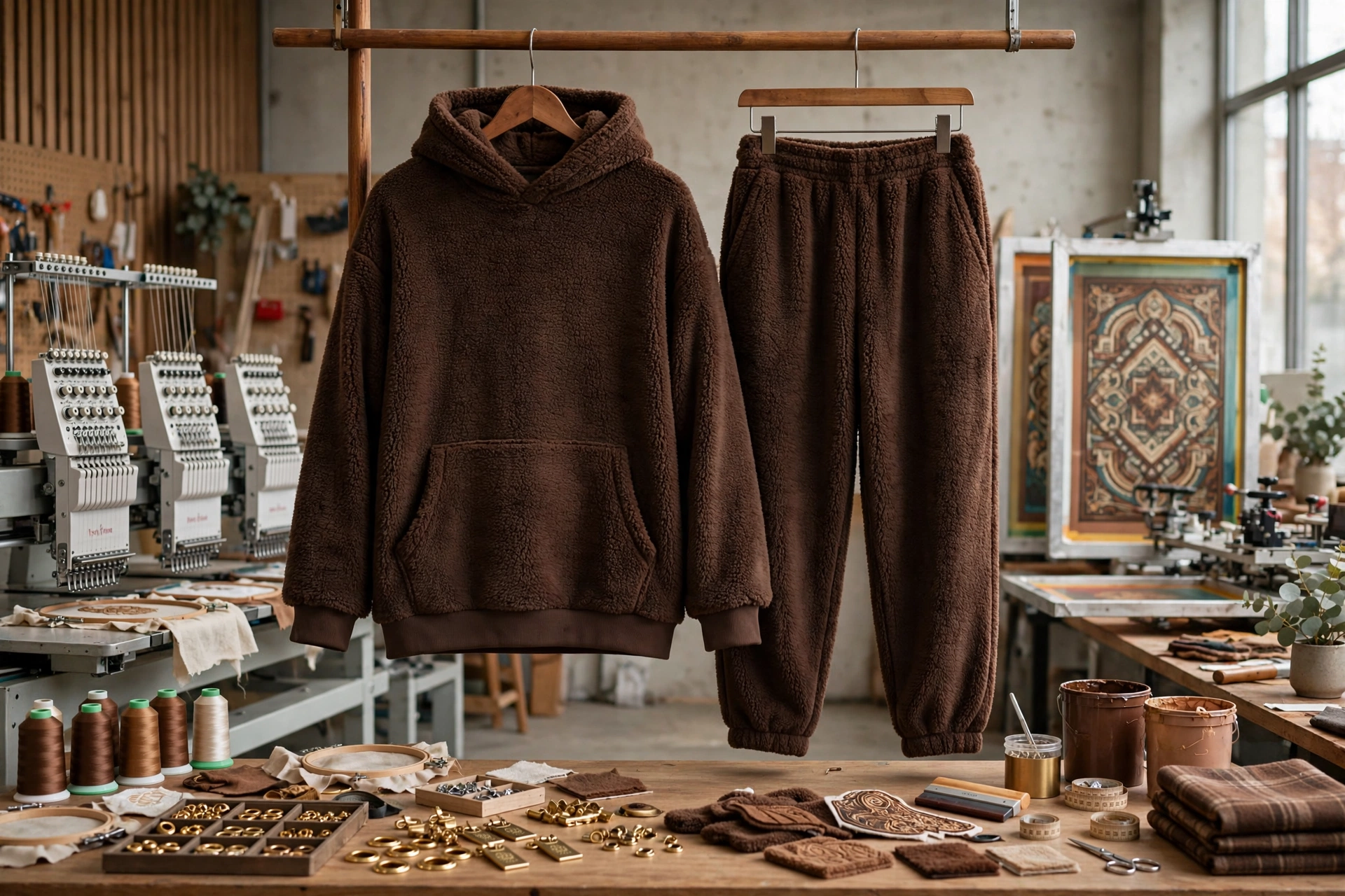 Chocolate brown teddy sherpa fleece hoodie and jogger pants hanging on wooden rack in advanced embellishment studio with direct embroidery machines, HD screen printing screens, chenille patches, custom metal eyelets, engraved zipper pulls and woven labels - state-of-the-art customization