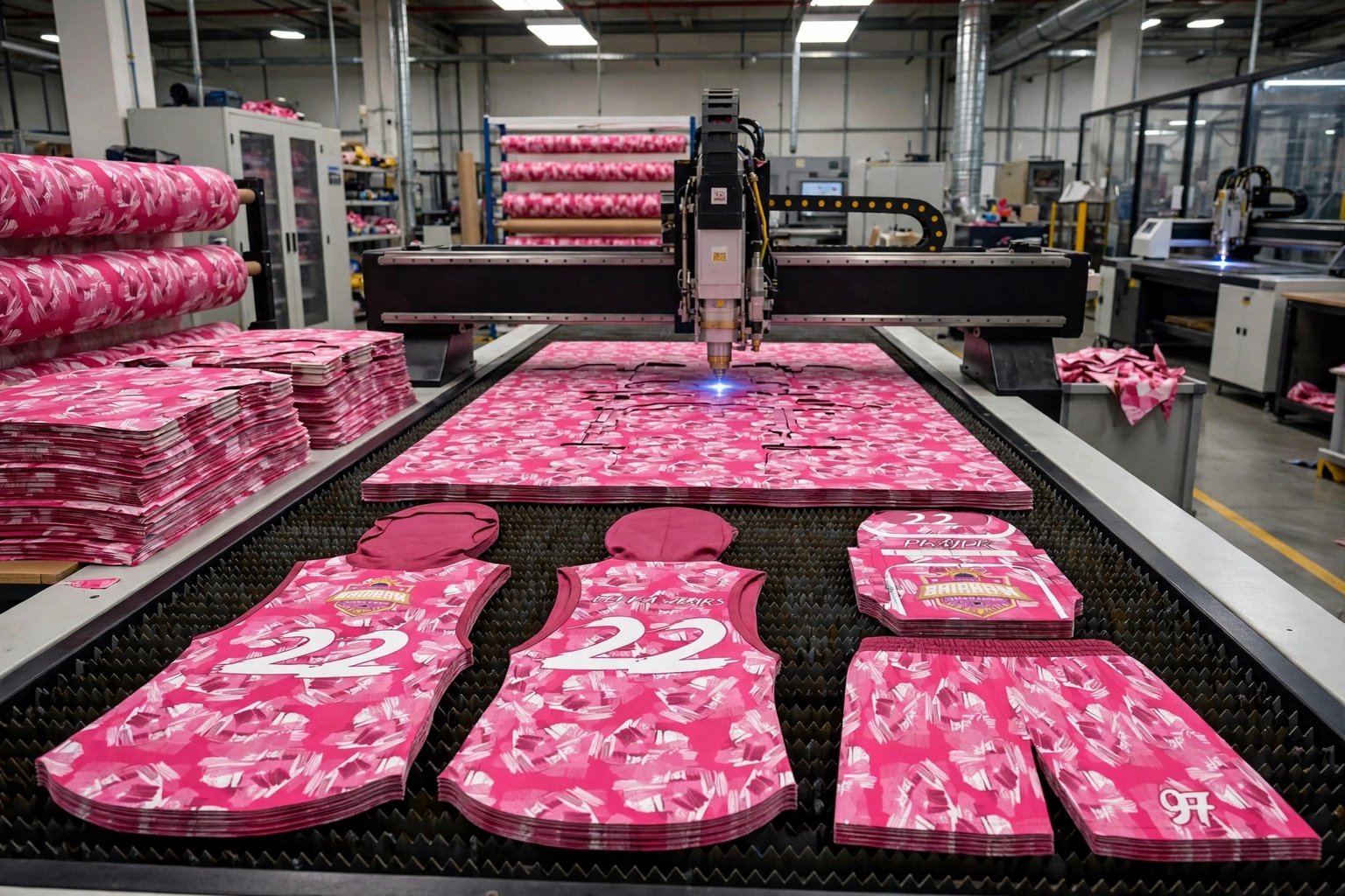 Optimized computerized nesting using CNC cutting tables maximizing fabric layout efficiency reducing textile scrap - Deuka Wear 7 on 7 kit production