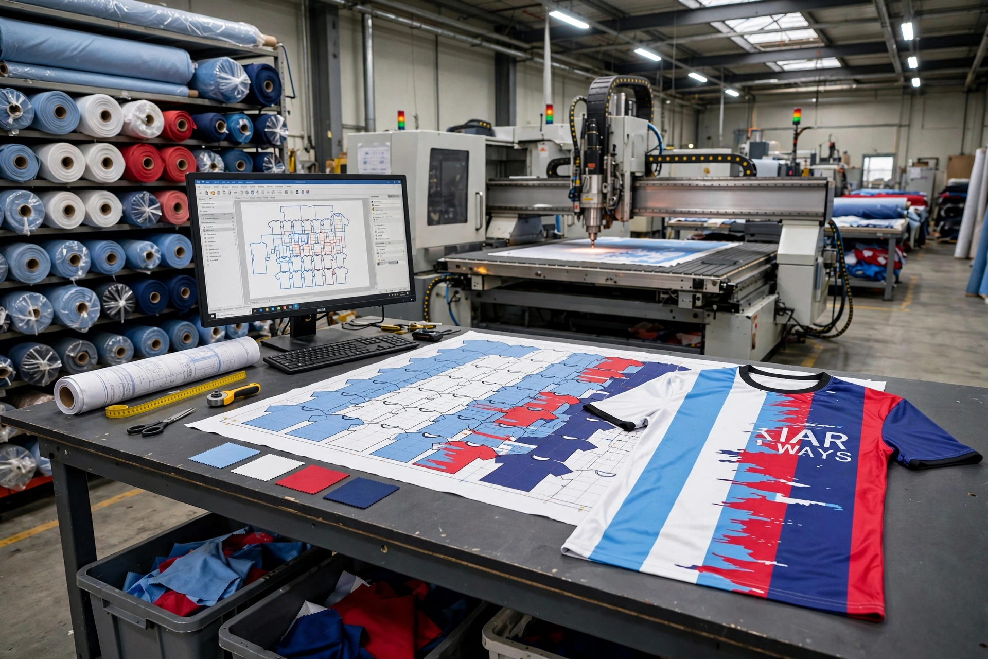 Qatar Airways striped jersey on table with CNC nesting software on monitor mapping pattern pieces across fabric rolls, computerized cutting machine and fabric rolls - precision engineering computerized nesting 1536x1024