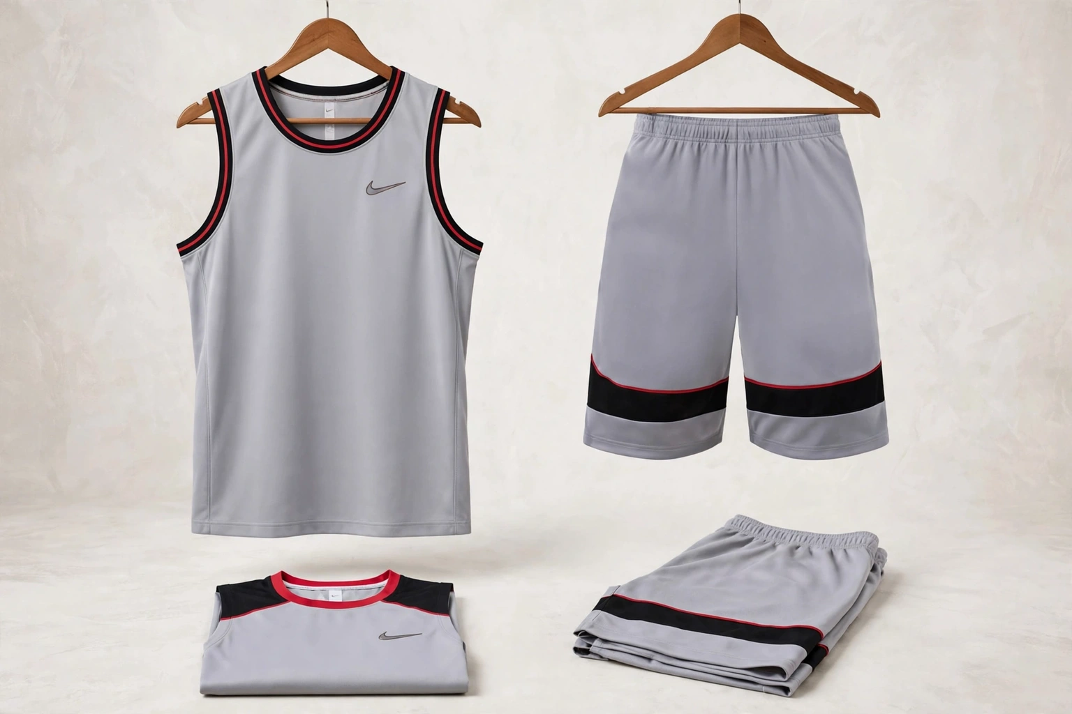 Light gray basketball uniform jersey and shorts with black red trim displayed as cohesive matching kit showing visual harmony