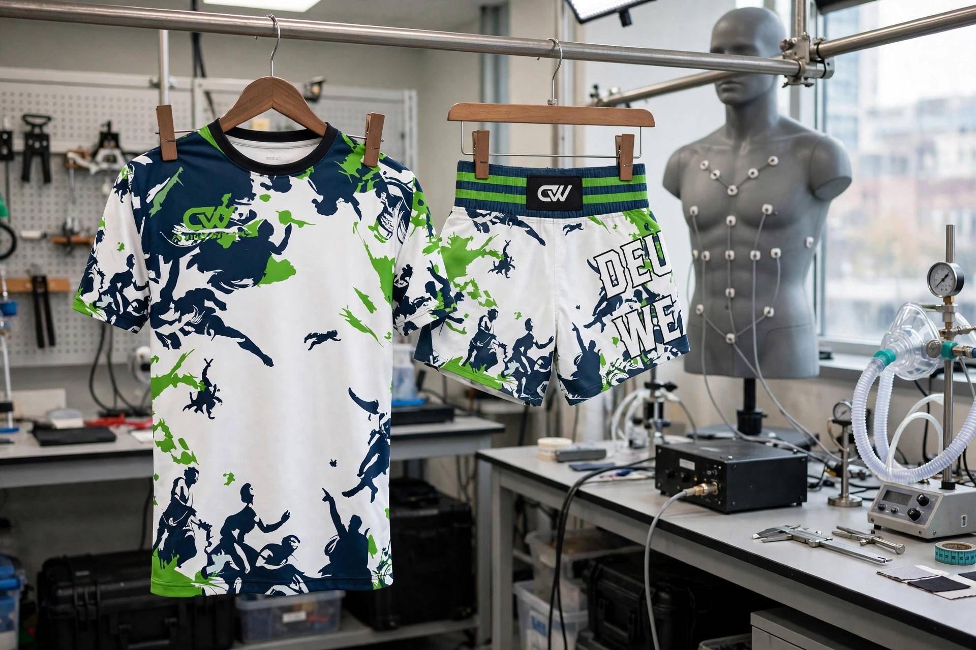 White navy green grapplers silhouette t-shirt and shorts set hanging on hangers in competition compression fit lab with mannequin torso and breathing test equipment - competition compression fit