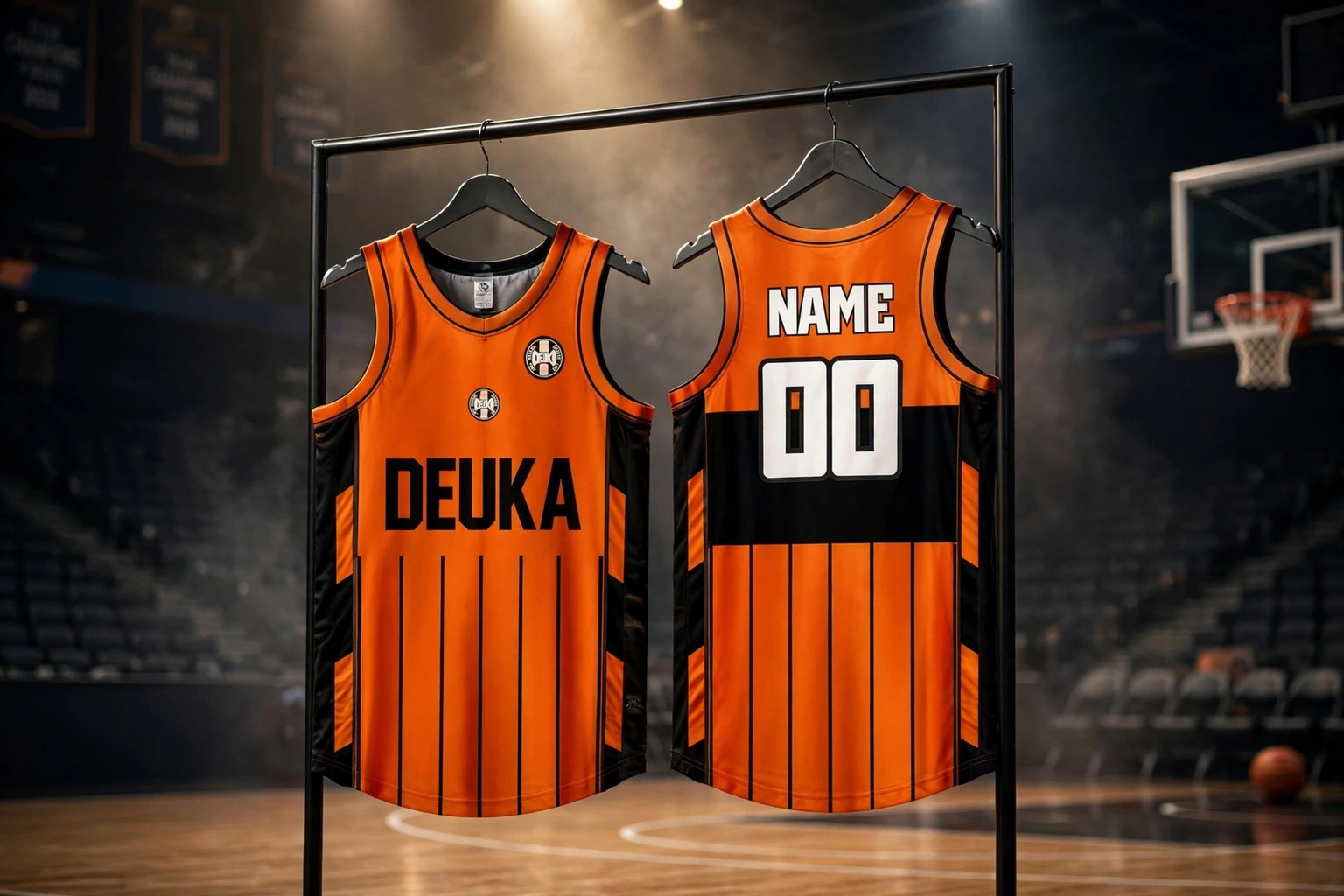 Orange and black DEUKA basketball jerseys hanging on court rack in empty arena with dramatic spotlights championship banners ready to dominate hardwood