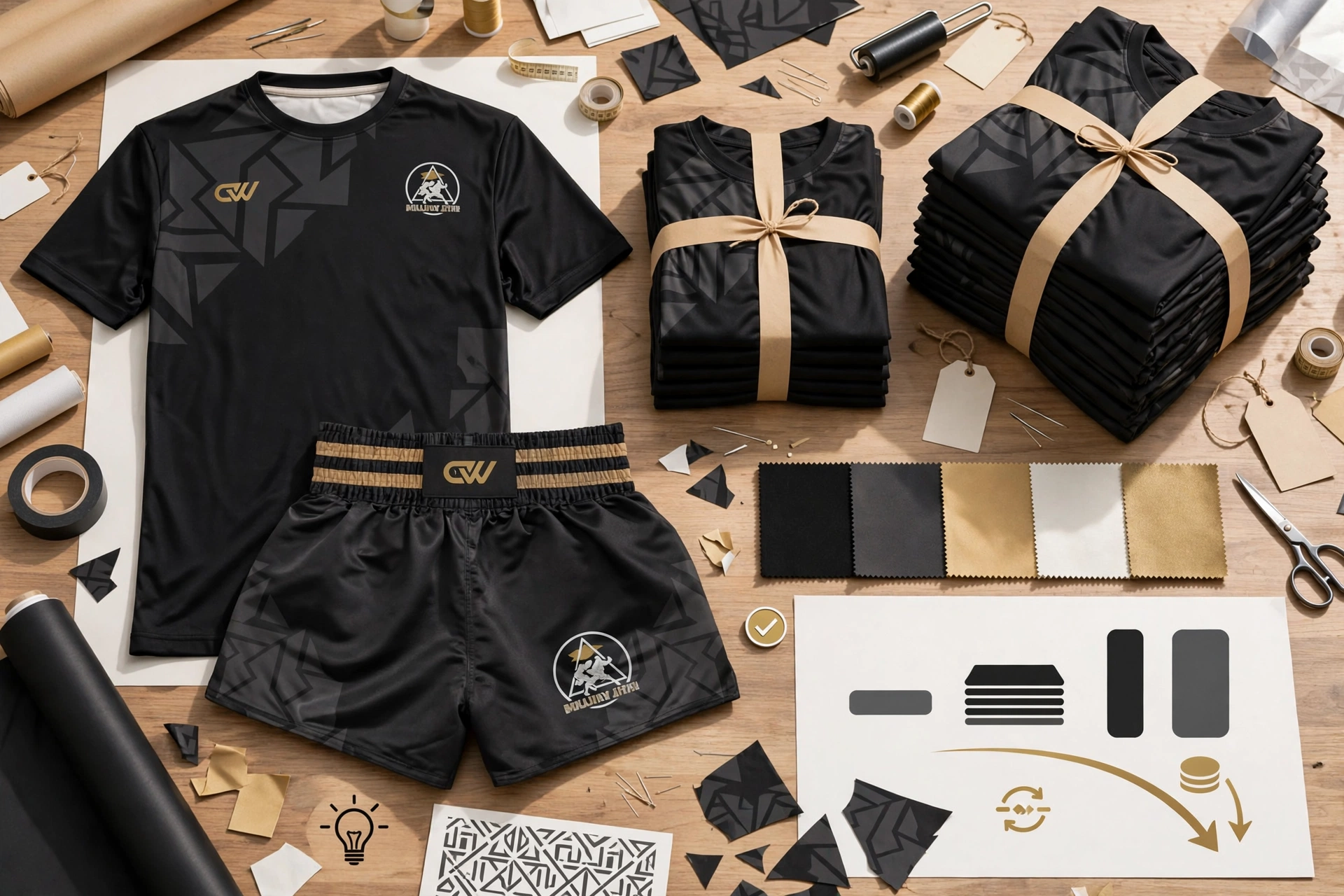 Black and gold Deuka Wears Muay Thai shirt and shorts set flatlay with bulk stacks tied with ribbon and fabric swatches on wooden table - optimized cost efficiency full-body all-over printing no screen setup costs 1536x1024