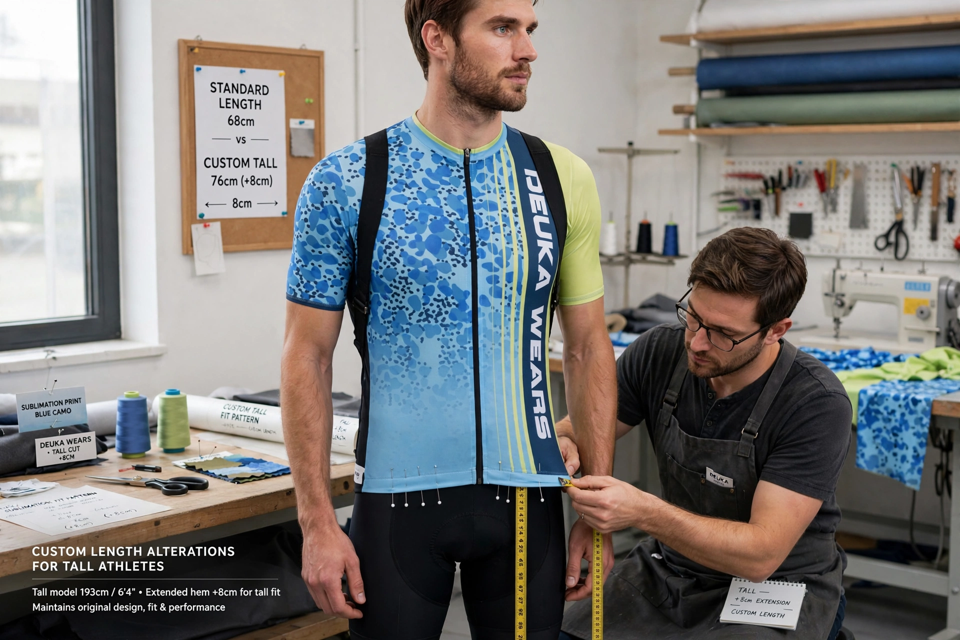 DEUKA WEARS custom length alterations for tall athletes with extended jersey length and cycling bib inseam adjustment in sublimation workshop