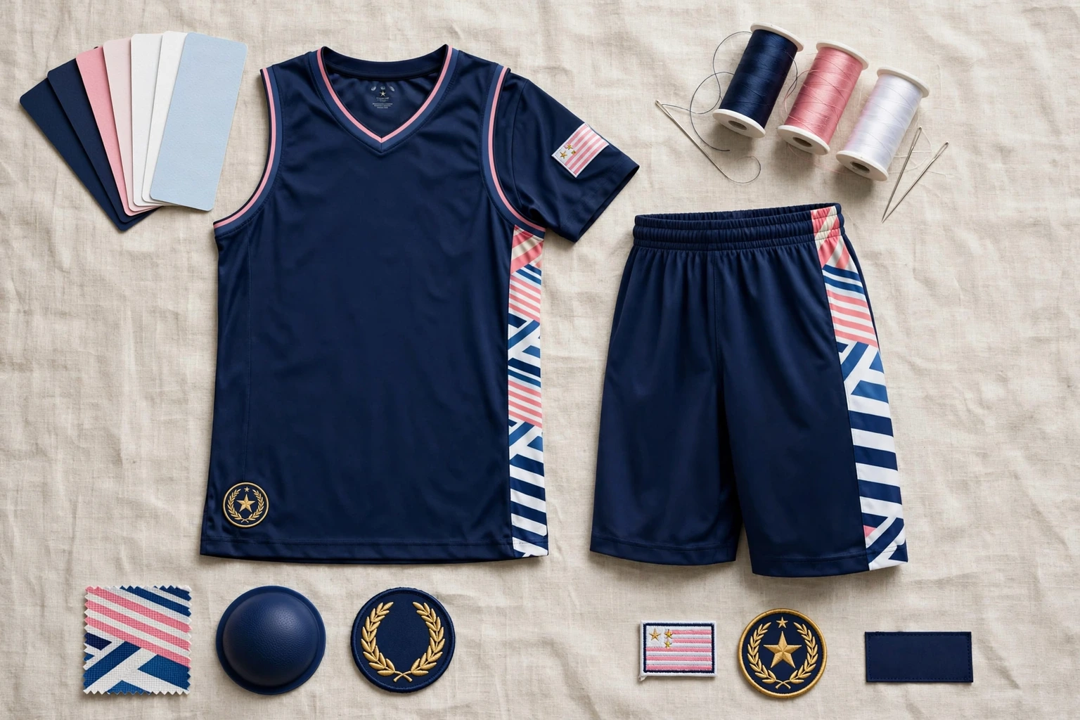 Navy blue basketball uniform with pink white geometric side panels flat lay with Pantone swatches embroidery threads and custom patches showing customization options