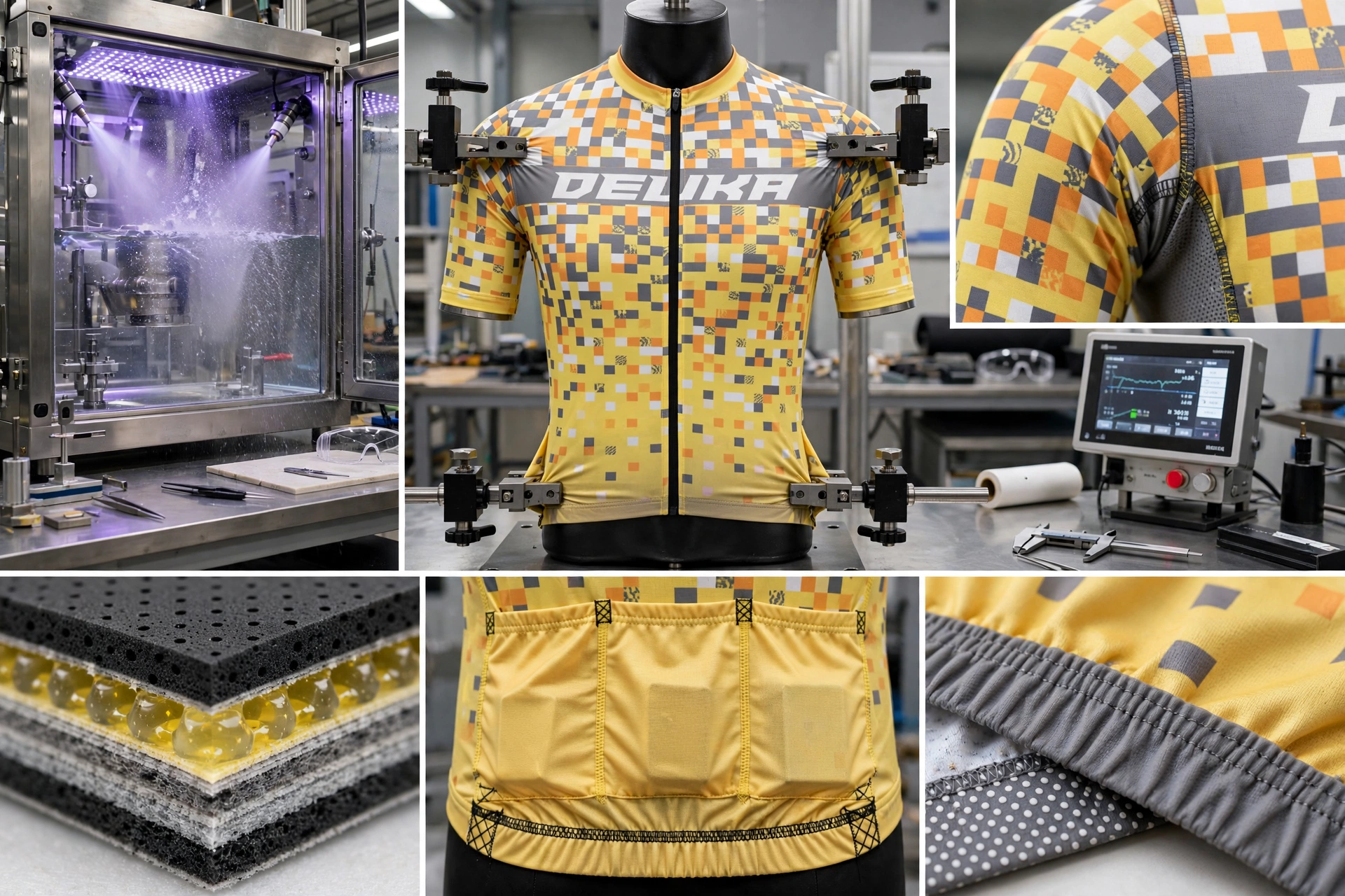 Engineering durability high performance yellow Delika cycling jersey bar-tacked stress zones silicone gripper elastic reinforced rear pockets multi density chamois stress testing