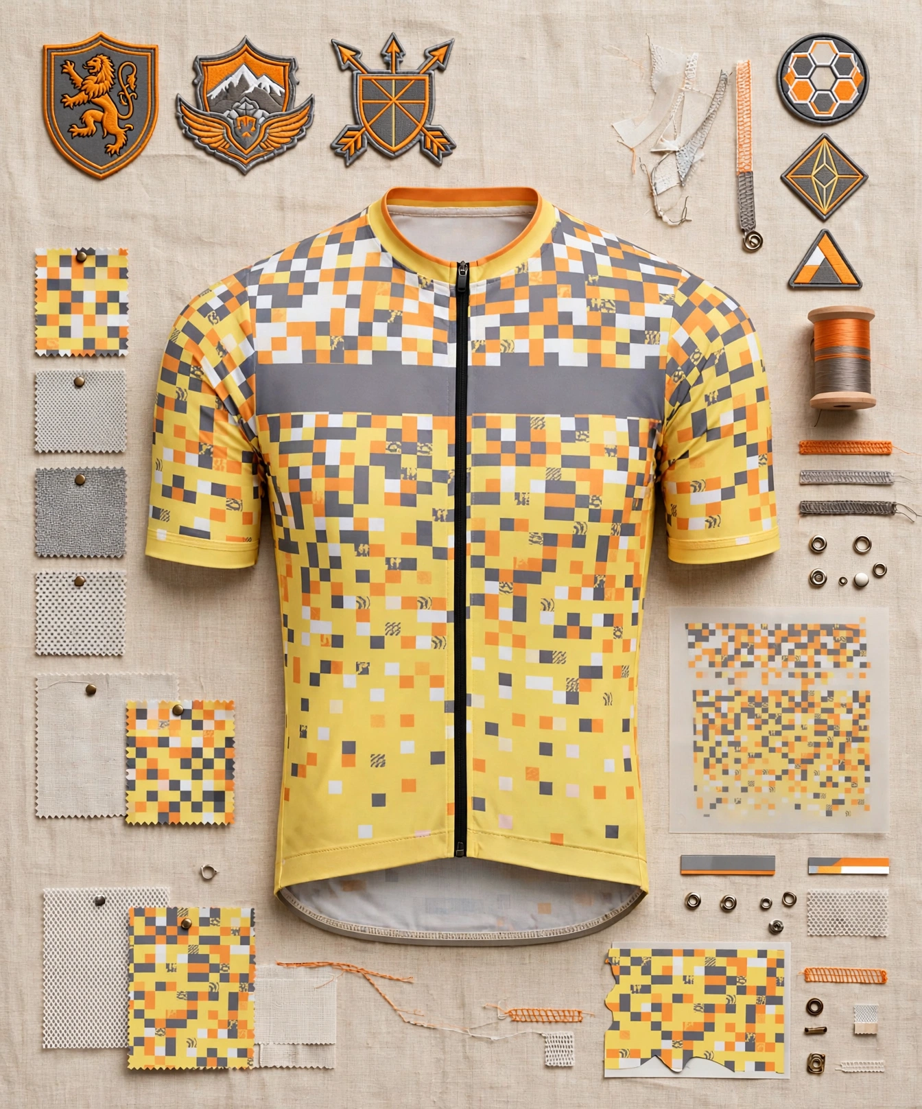 Yellow pixelated DELIKA cycling jersey flat lay surrounded by vector club crests embroidered lion mountain shield badges fabric swatches zipper trims and spec sheets — design and spec submission custom sublimation 423x509