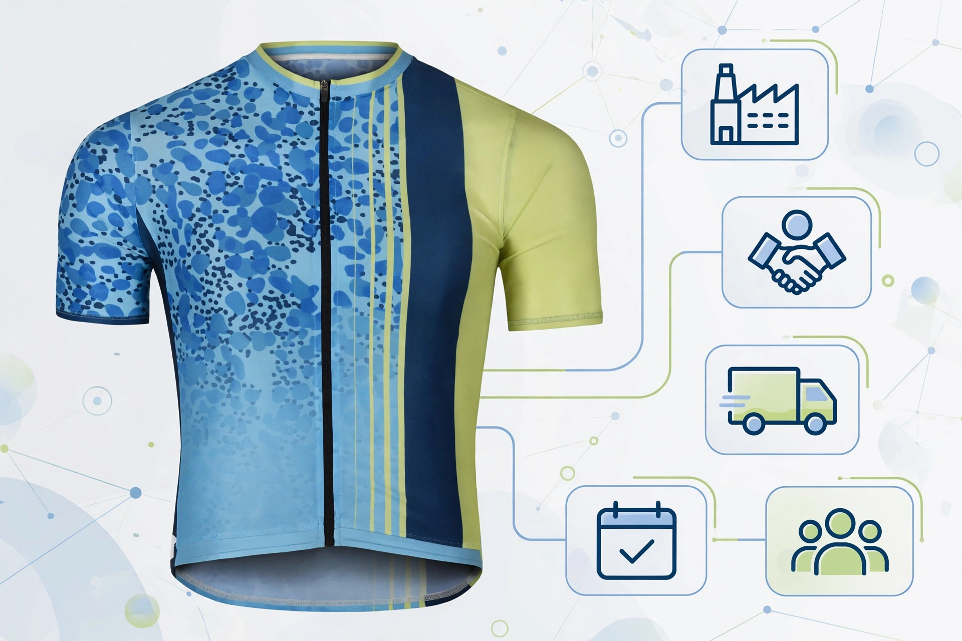 Deuka Wears blue spotted cycling jersey with streamlined sourcing icons for factory manufacturing partnership logistics delivery timeline and roster club membership — single partner reduced overhead 1536x1024