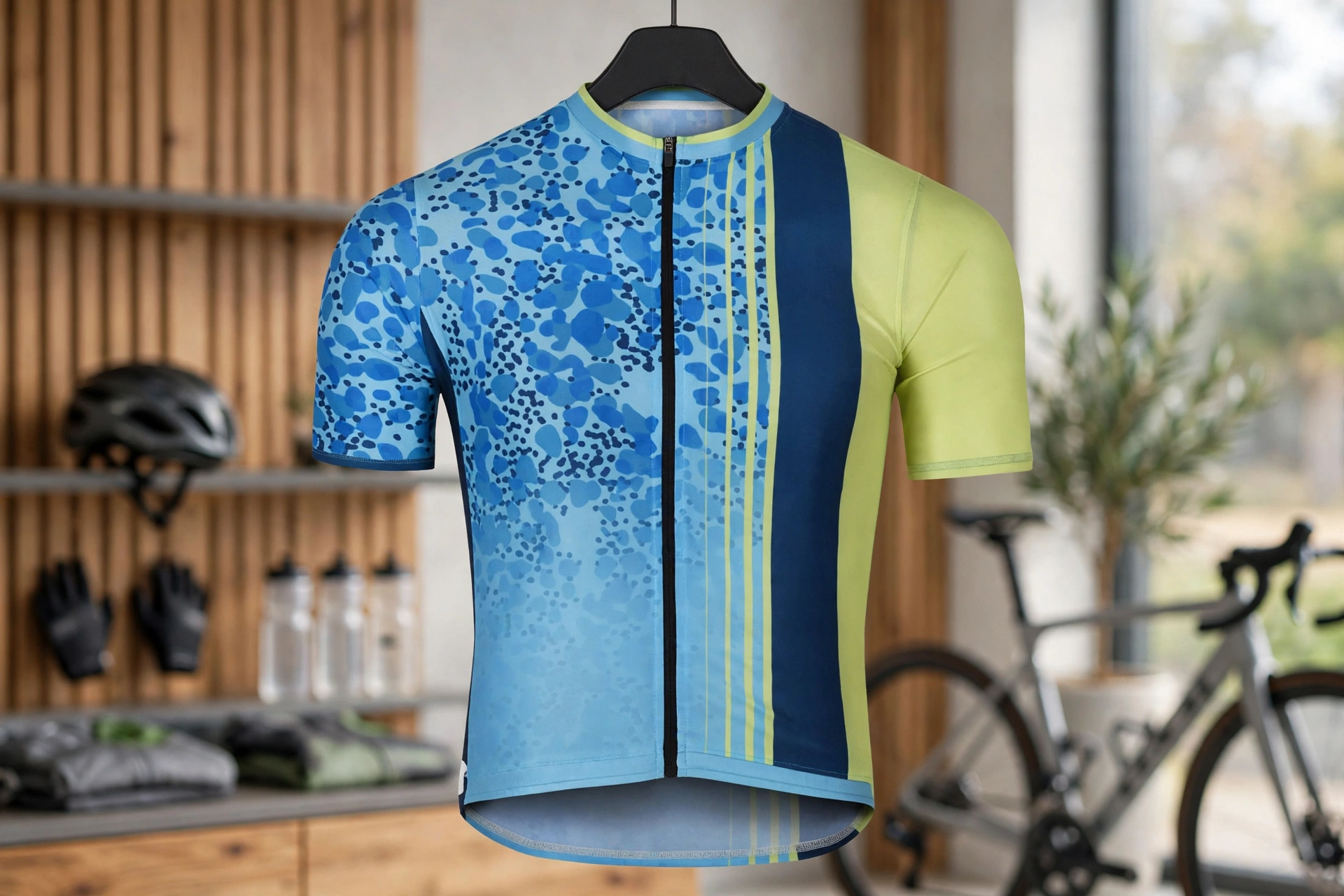 Deuka Wears blue spotted cycling jersey hanging on black hanger in premium club room with helmet gloves bottles and road bike background — professional brand image coordinated aesthetics prestige 1536x1024