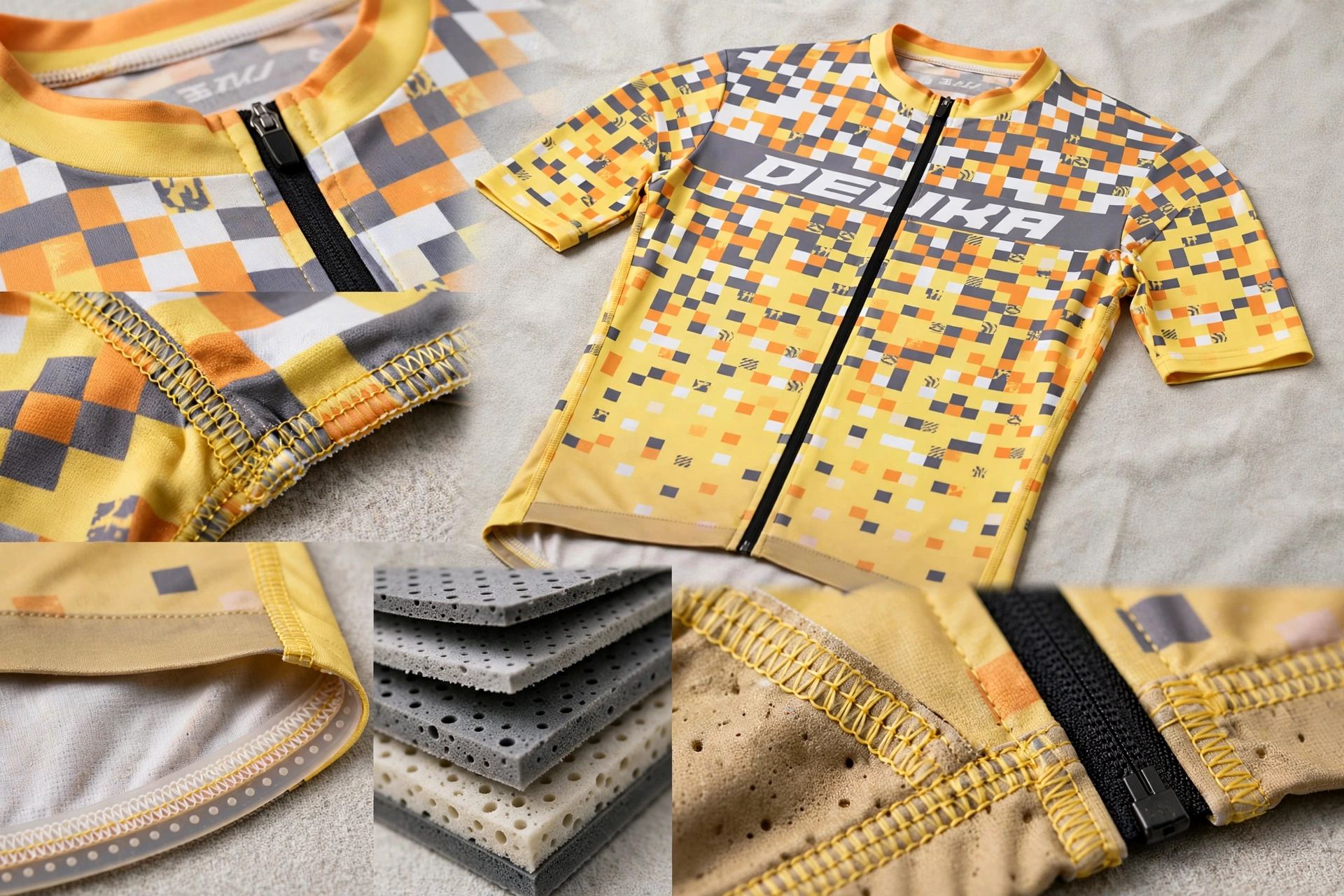 Yellow DELIKA pixel jersey flat lay with close-ups of anti-grab reinforced seams bar-tacked stress zones zipper base silicone hem grippers and multi-density chamois foam pads — engineering durability 1536x1024