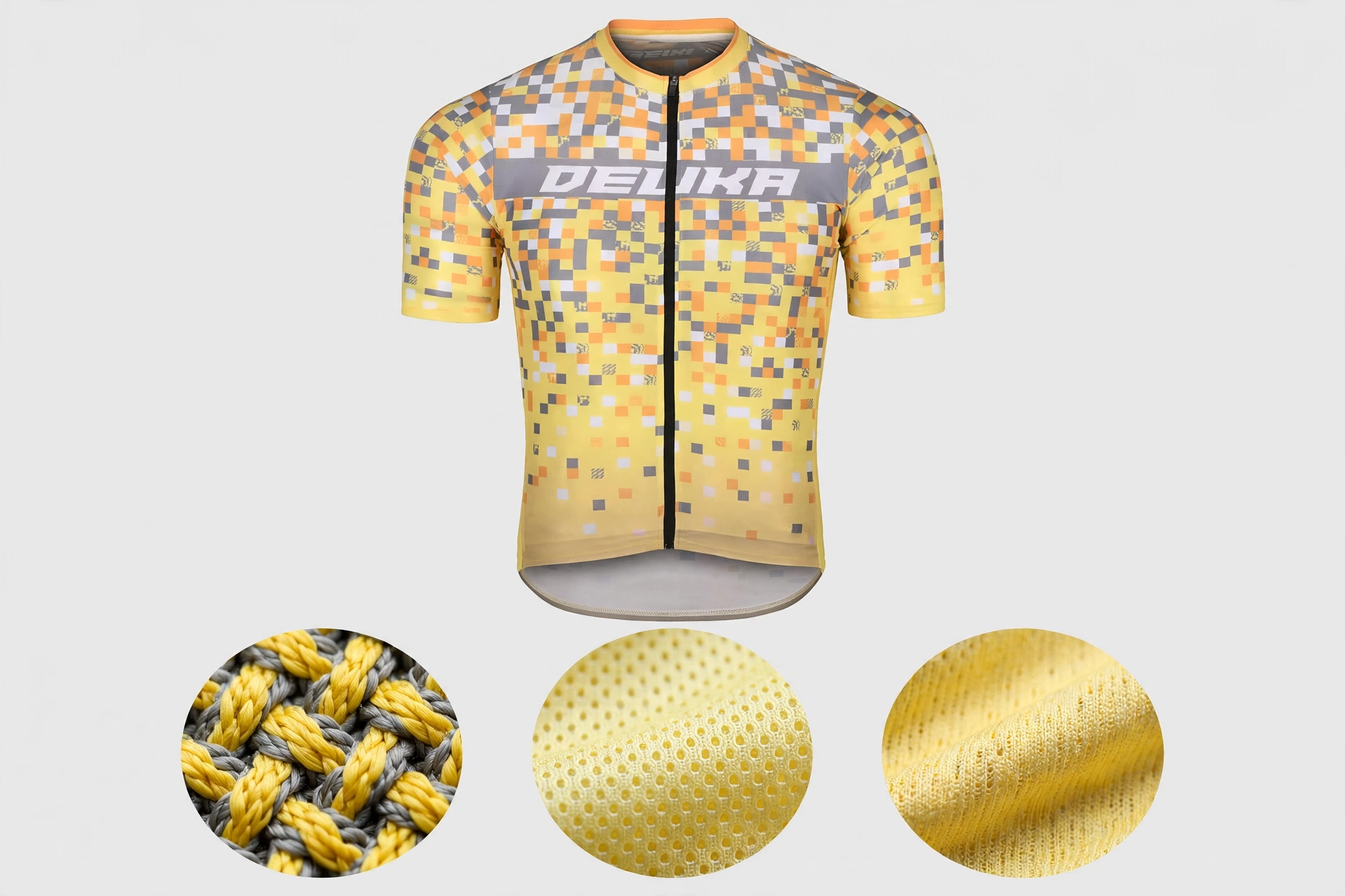 Yellow DELIKA pixelated cycling jersey centered with 3 circular fabric close-ups below showing heavy-duty anti-grab knit, micro-perforated wind-tunnel mesh and moisture-wicking dry-fit panels — advanced technical fabrics 1536x1024
