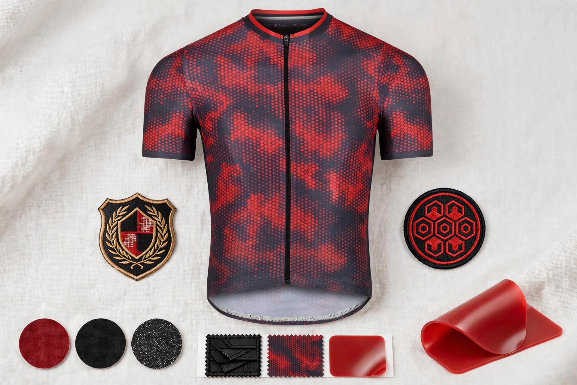 Red hexagonal camo jersey centered with Pantone circles fabric swatches embroidered crests and silicone heat transfer showing club identity customization — 1536x1024 no play icon