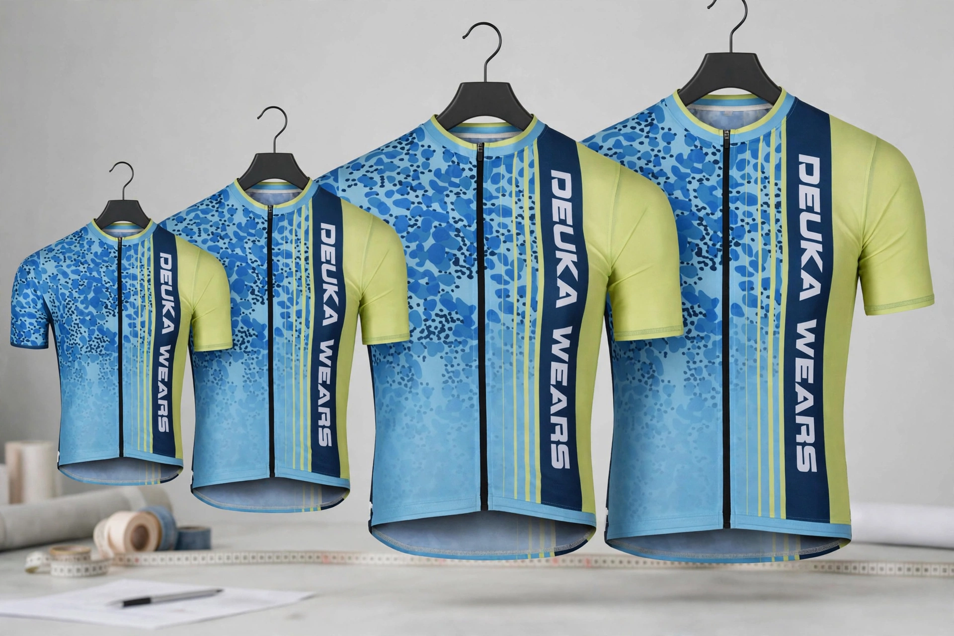 Custom sublimated DEUKA WEARS cycling jersey in blue camo and lime green design displayed in granular sizing from youth to adult 6XL on hangers