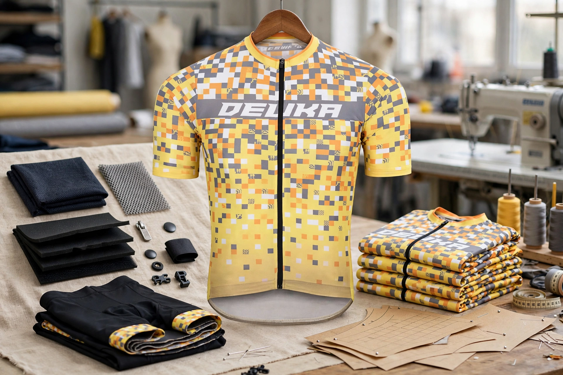 Yellow DELIKA pixelated cycling jersey hanging on wooden hanger in OEM factory workshop with folded bulk jerseys bib shorts anti-grab fabrics chamois pads mesh hardware rolls and spec patterns — direct factory partnership 1536x1024 no play icon