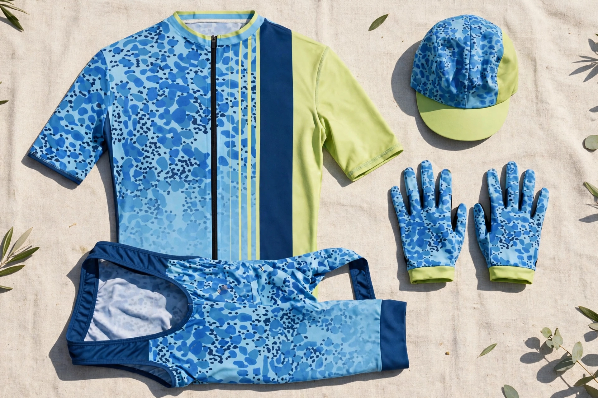 Flawless color consistency blue Deuka Wears cycling jersey bib shorts accessories matching perfectly under bright sunlight no color discrepancy
