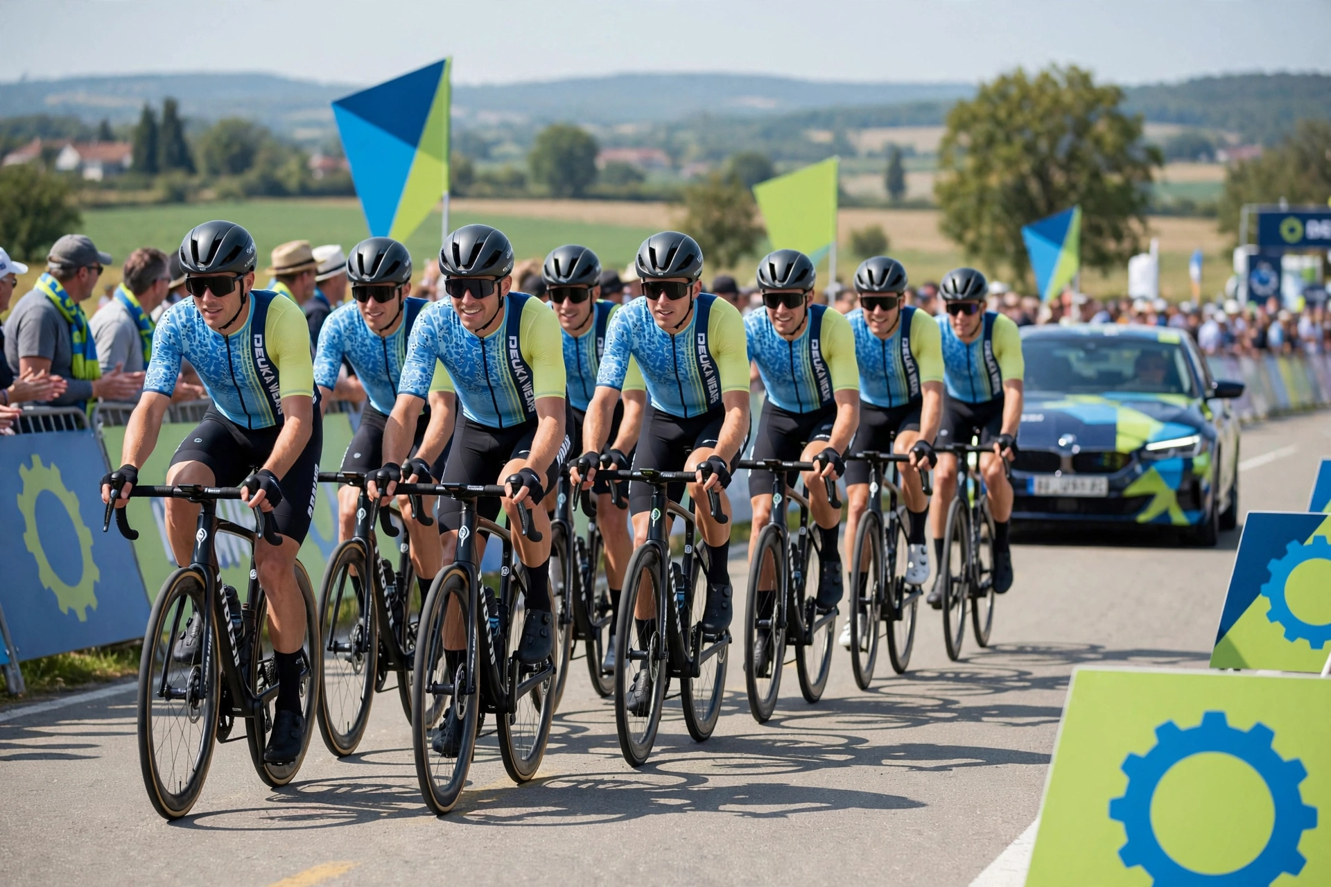 Professional brand image coordinated peloton in blue Deuka Wears cycling kit elevating club prestige attracting riders fans sponsorships