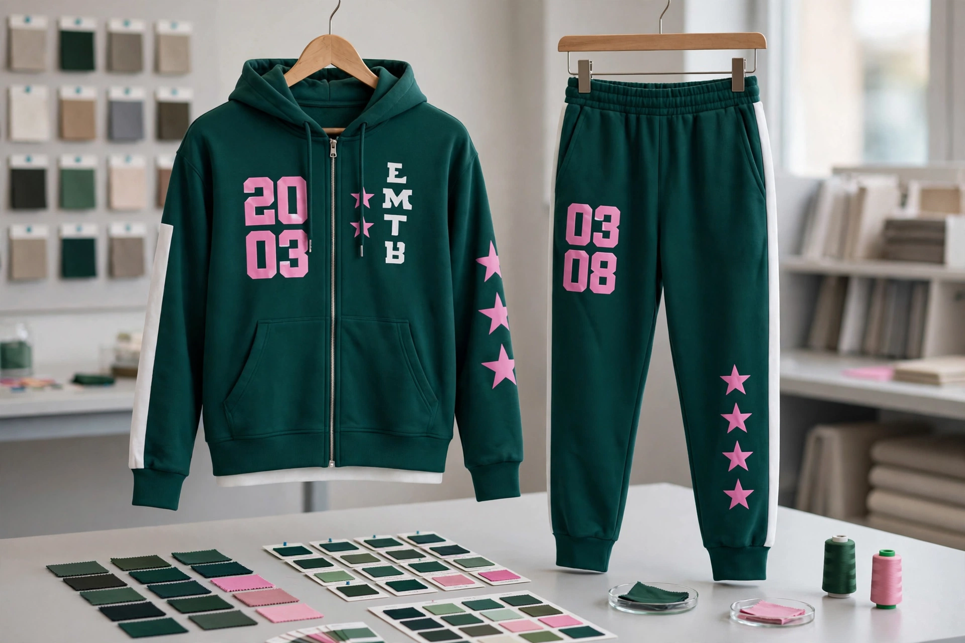 Dark green zip-up hoodie and jogger tracksuit set with pink 20 03 and 03 08 numbers and pink stars hanging on hangers in flawless brand consistency color lab with Pantone matching swatches, custom dye samples and multi-technique embellishment table - cohesive branding across jackets joggers and shirts