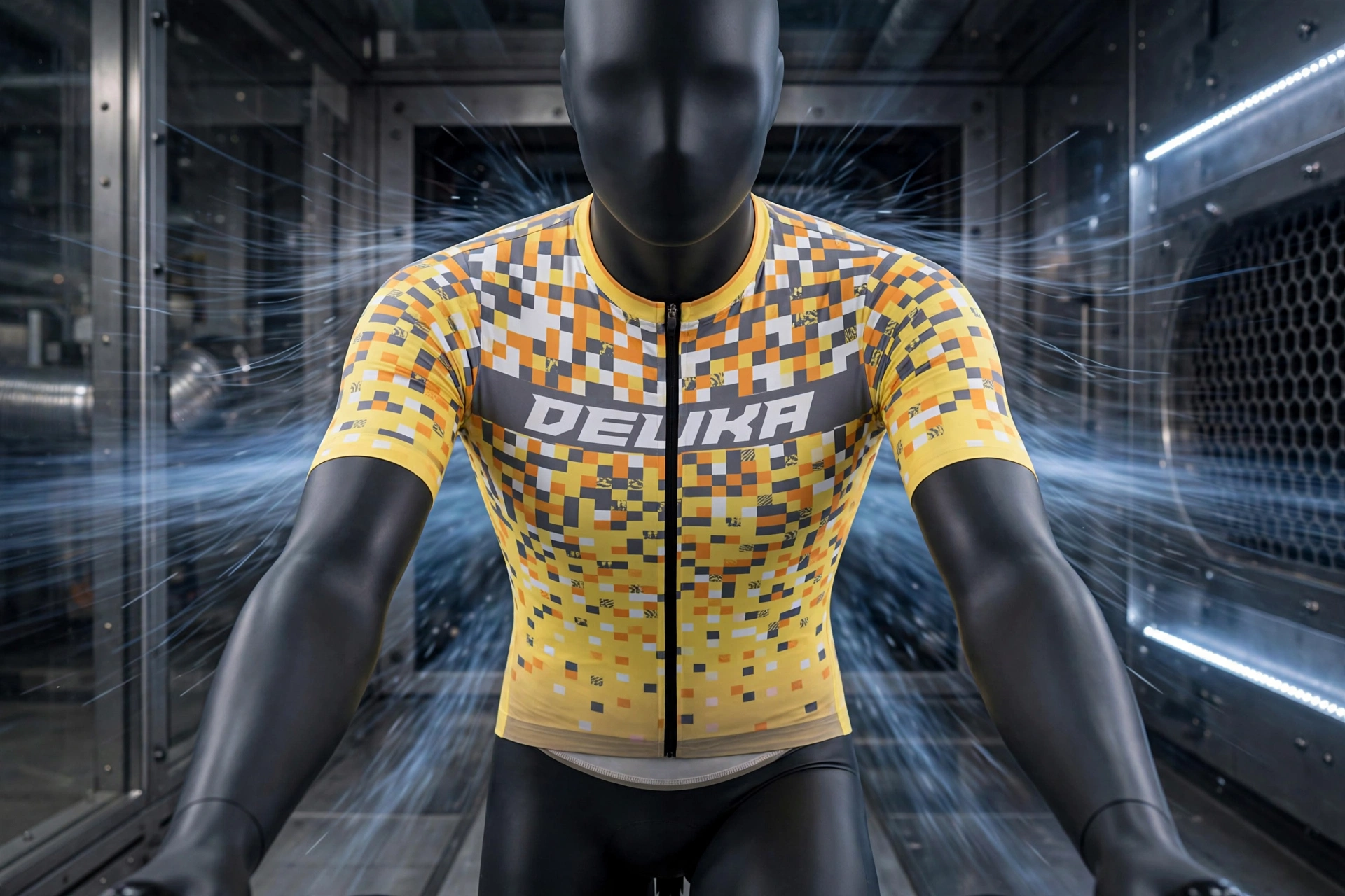 Pro aero fit skin tight race cut yellow Delika cycling jersey aerodynamic silhouette elongated sleeves low collar wind tunnel testing