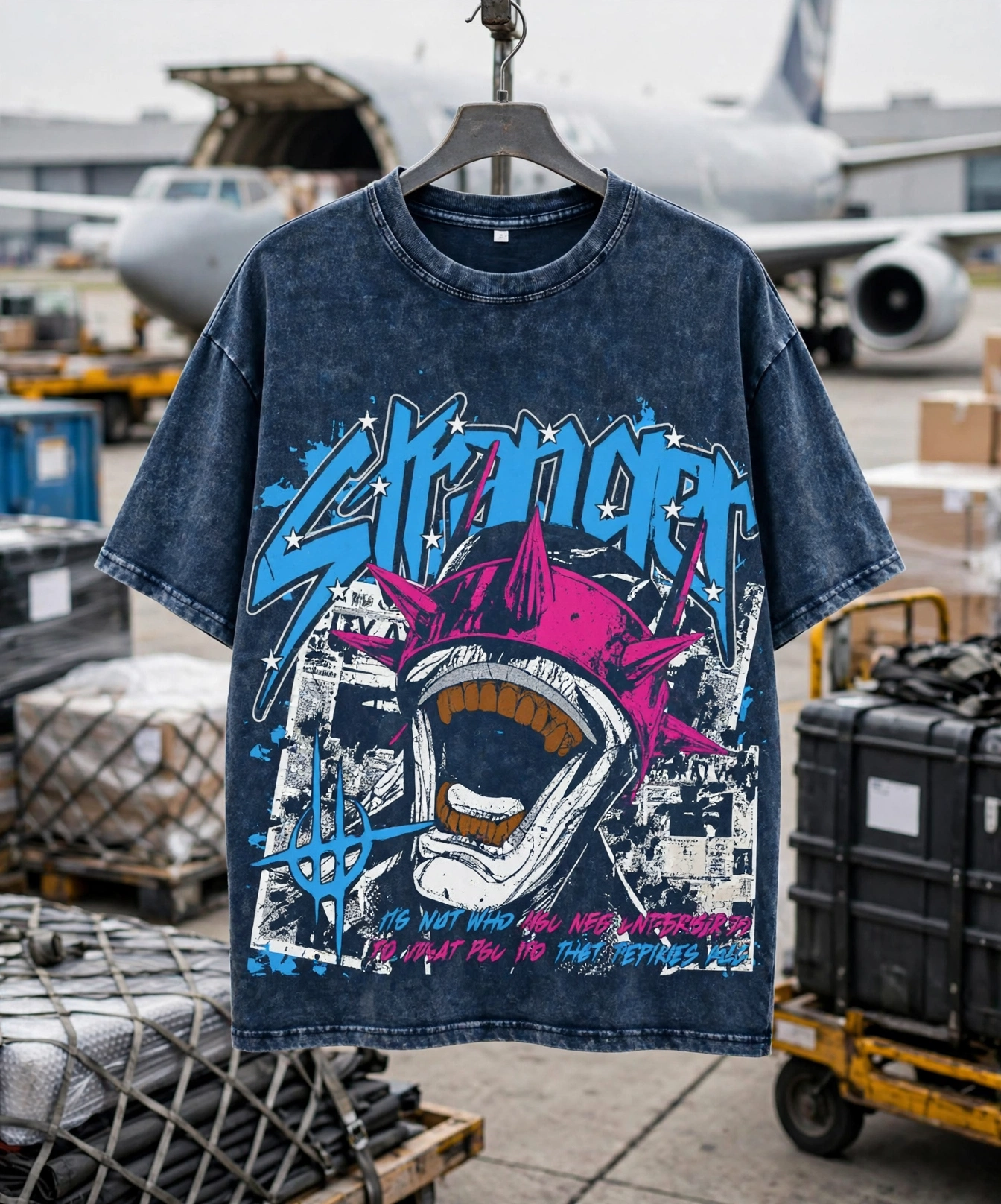 Acid washed dark blue Stranger graphic t-shirt with pink spiked crown screaming mouth on hanger at air cargo tarmac with open cargo plane loading pallets - expedited air freight 423x509