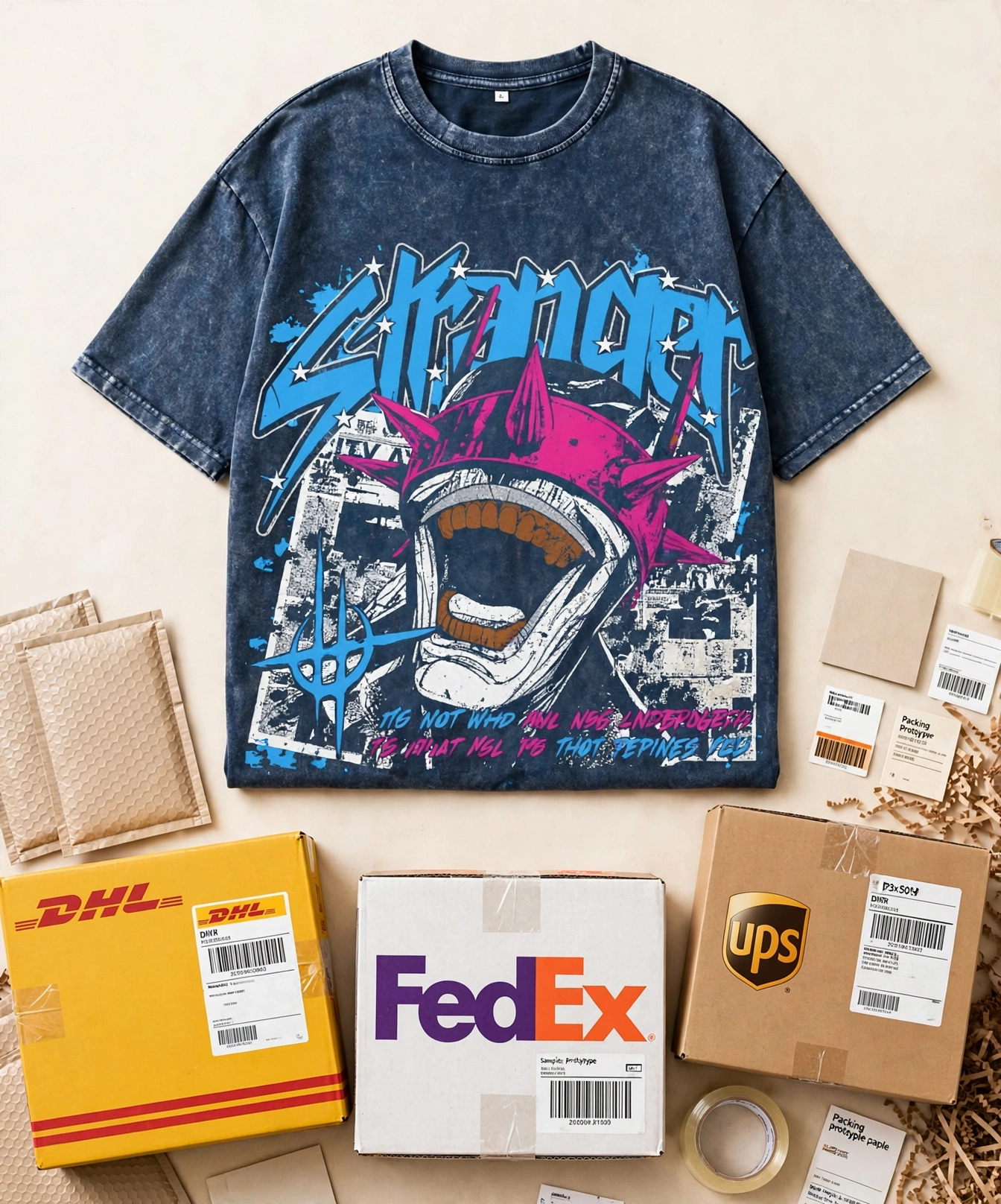 Acid washed Stronger graphic t-shirt flat lay above DHL yellow box FedEx white box UPS brown box with barcode labels and bubble mailers - express courier integration 423x509