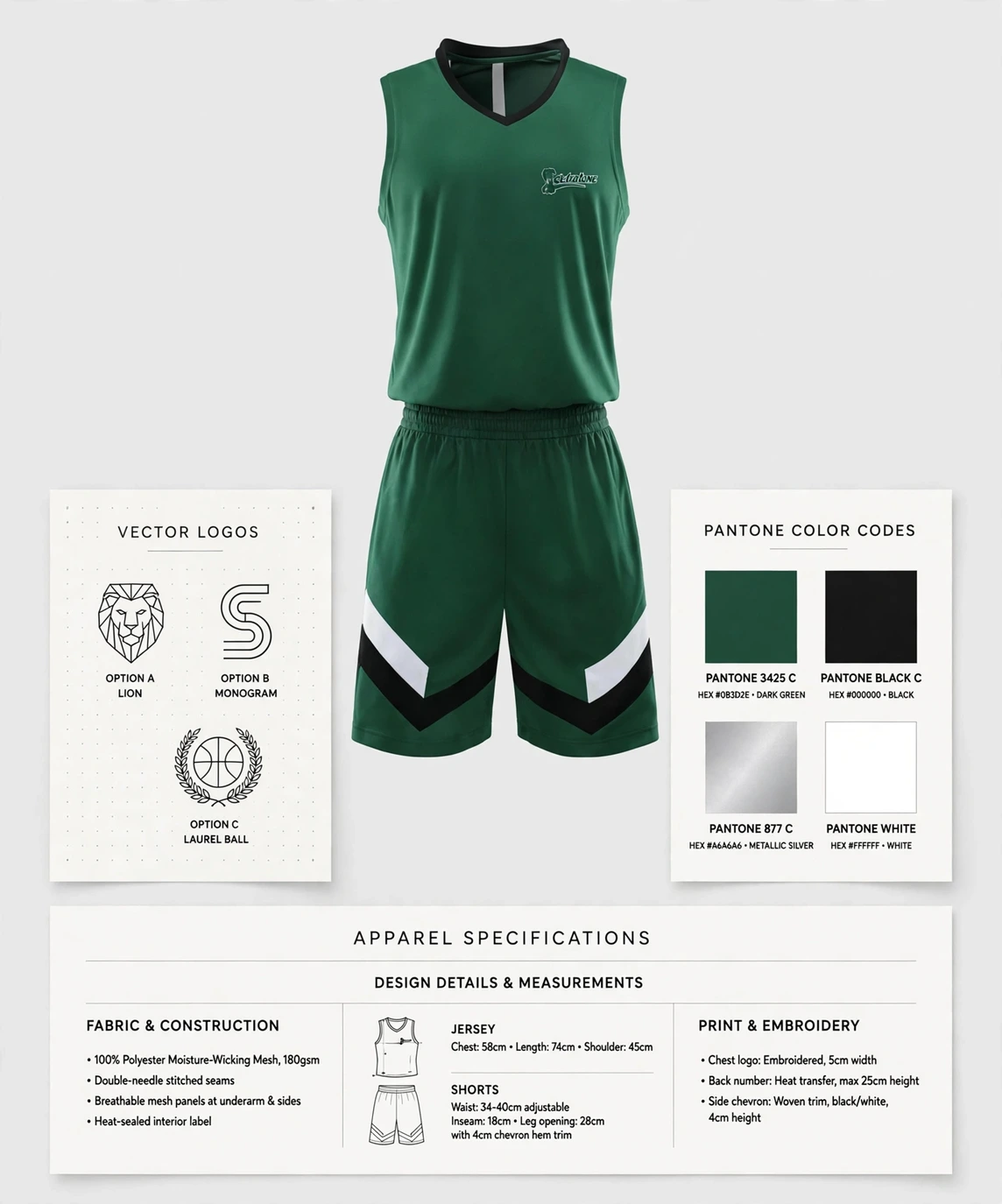 Green basketball uniform with chevron trim flat lay surrounded by vector logo sheets Pantone color swatches and apparel specification sheets design submission process