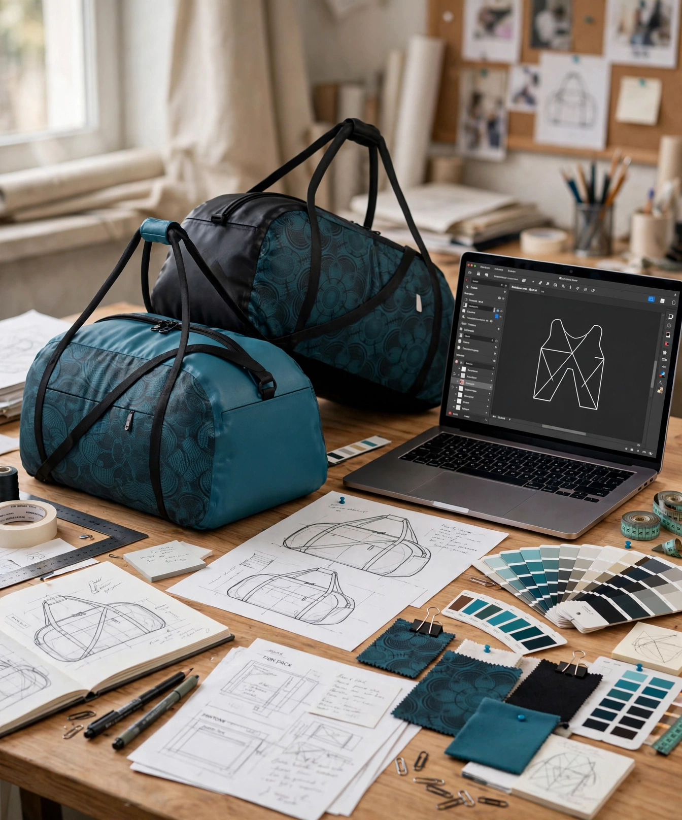 Two teal duffle bags with subtle pattern and black straps on designer desk with tech packs sketch ideas vector logo file on laptop and Pantone color references - share your vision
