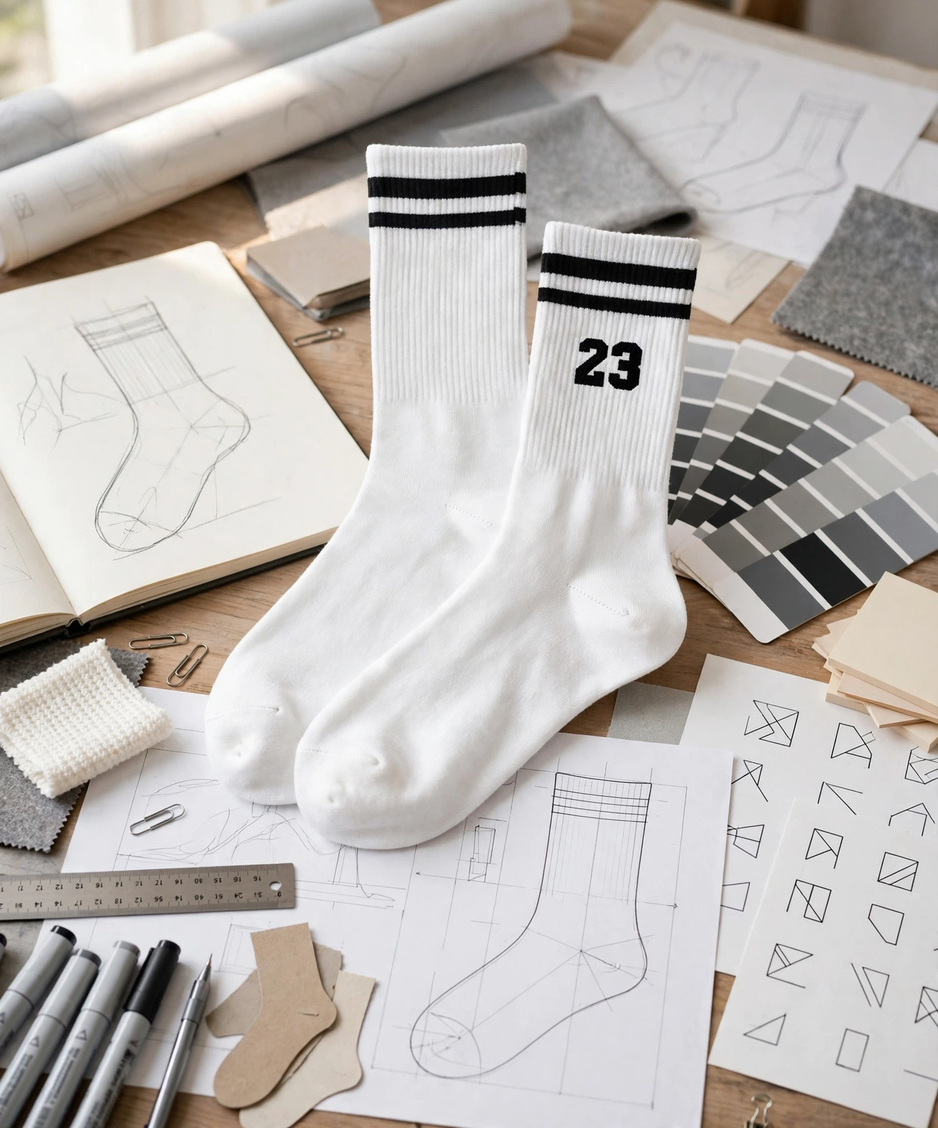 White crew socks with black double stripes and number 23 on design desk with tech pack sketches vector logos color references - share your vision