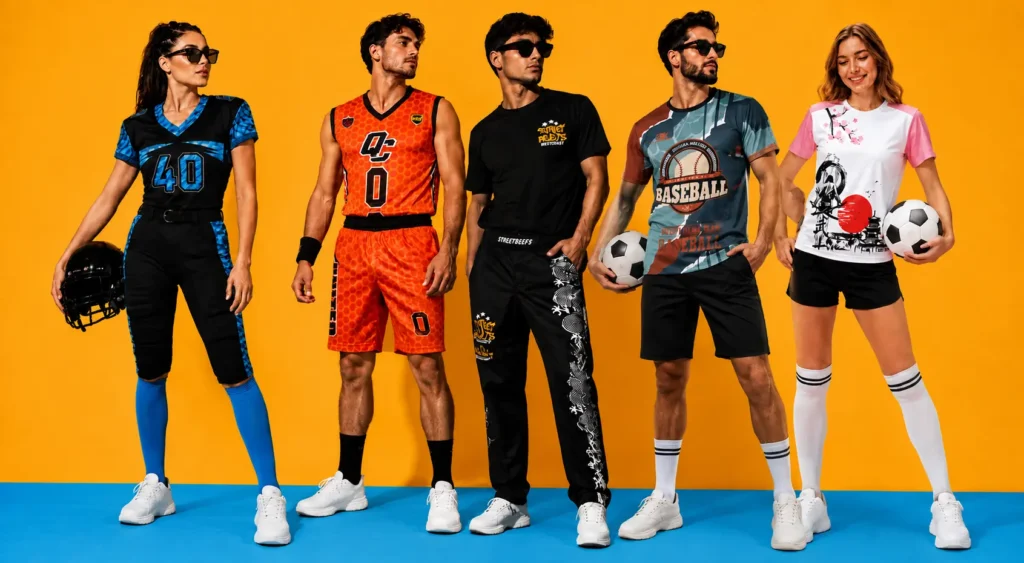 Custom sportswear models showcasing colorful athletic uniforms and apparel by Deuka Wears
