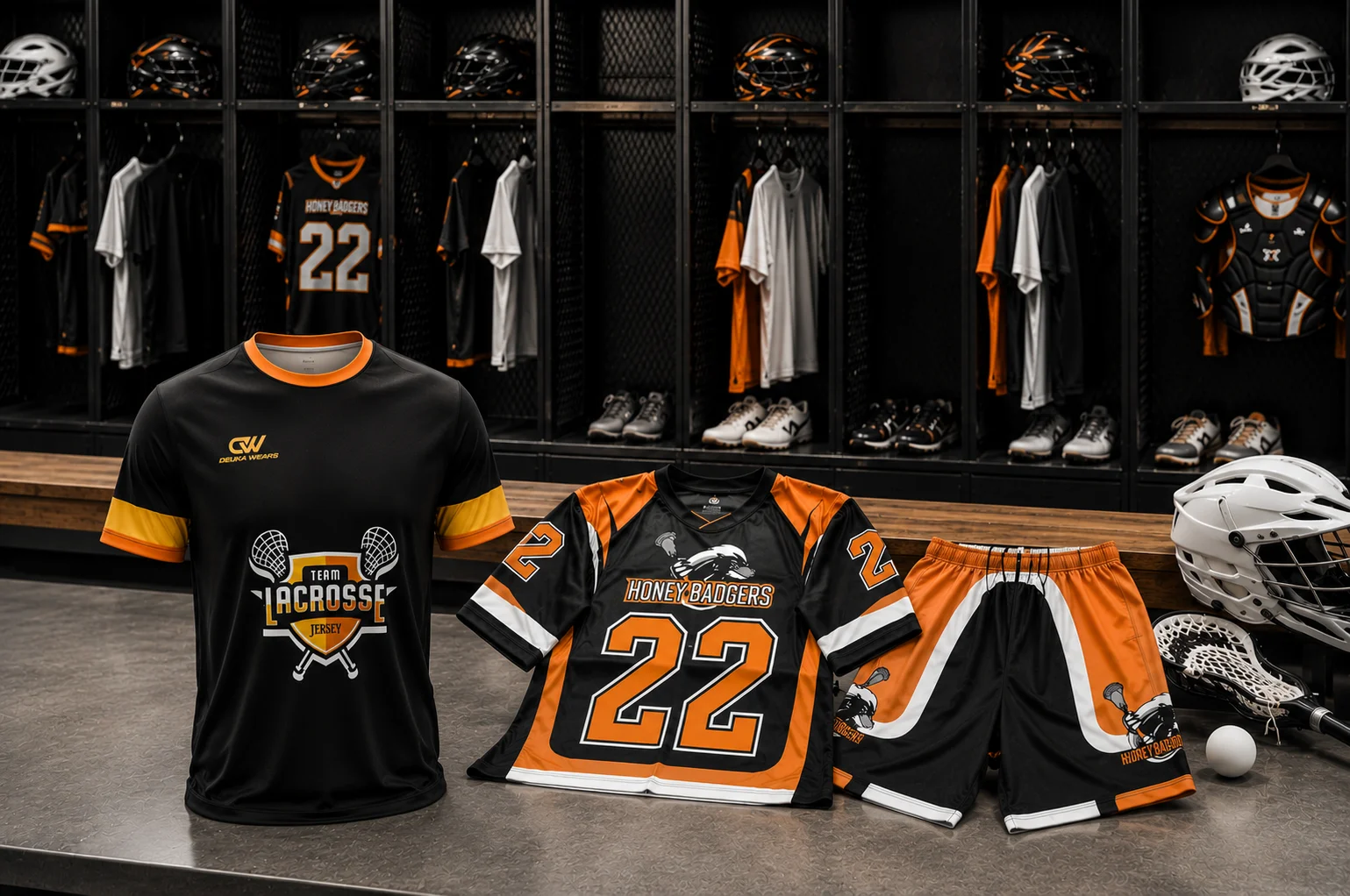 Deuka Wears custom lacrosse jerseys and shorts displayed in a professional sports locker room.