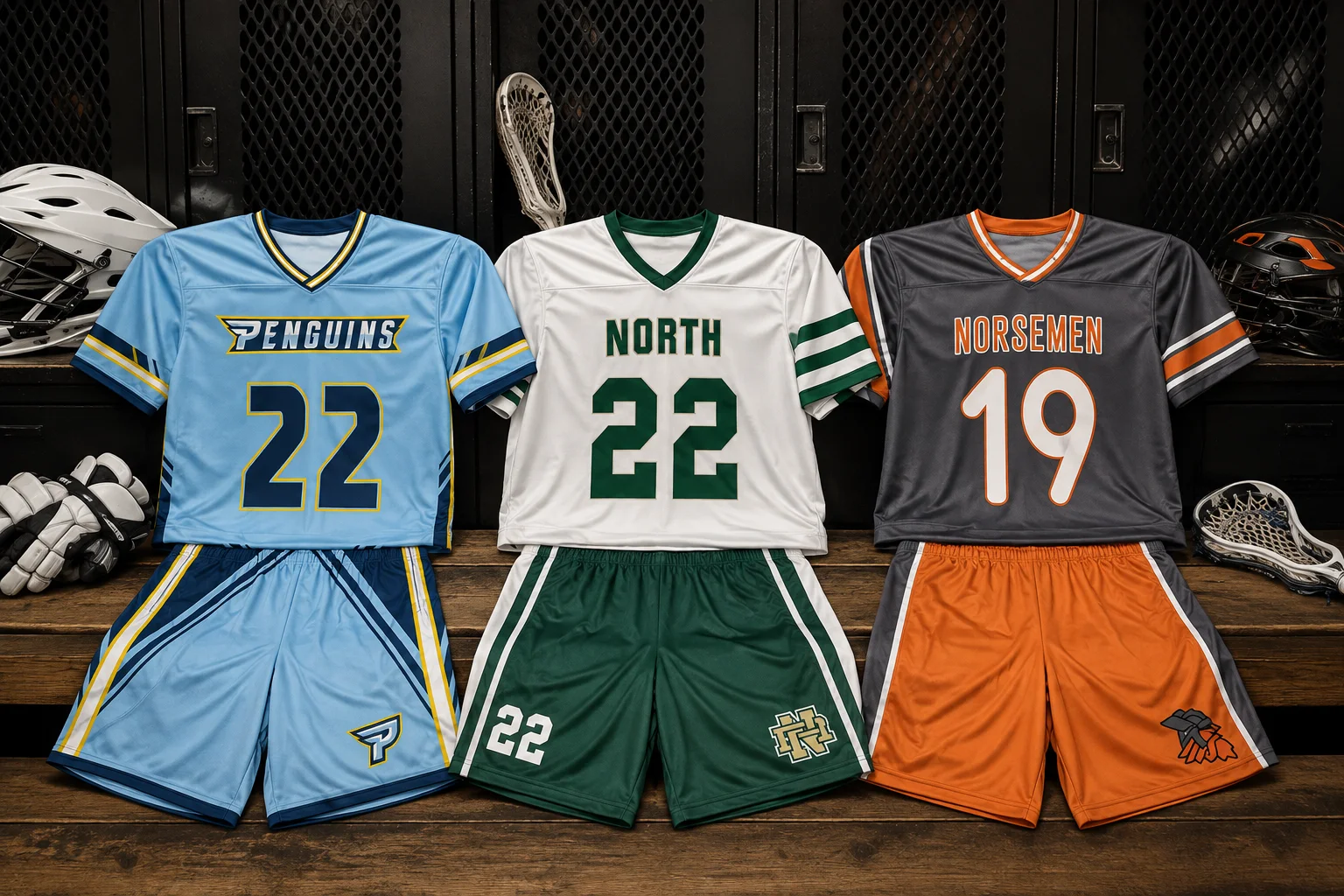 Custom lacrosse uniforms in blue, green, and orange displayed on a professional sports locker room bench.
