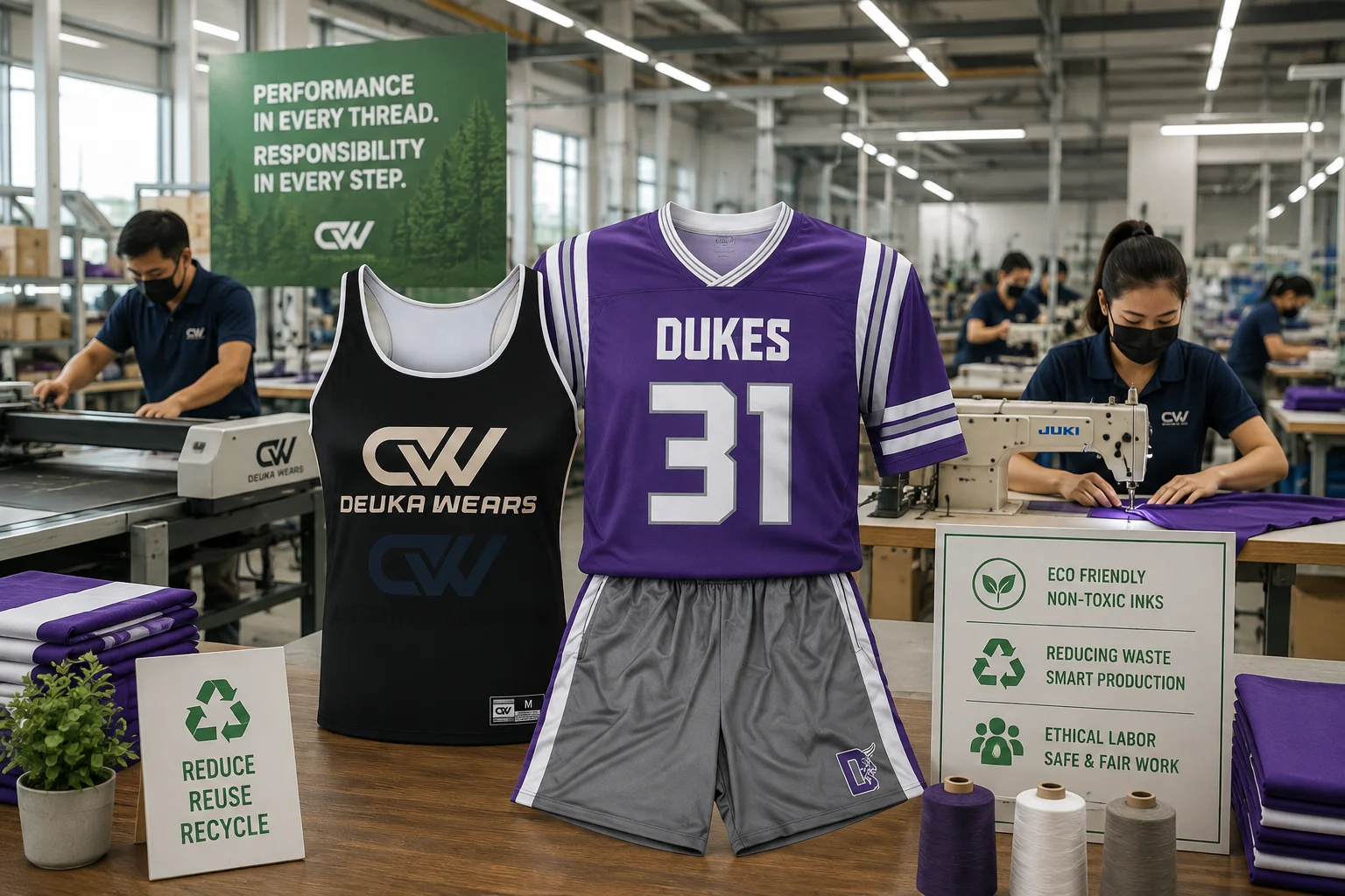Deuka Wears sustainable sportswear manufacturing with custom athletic uniforms, textile production equipment, and workers in a modern factory.