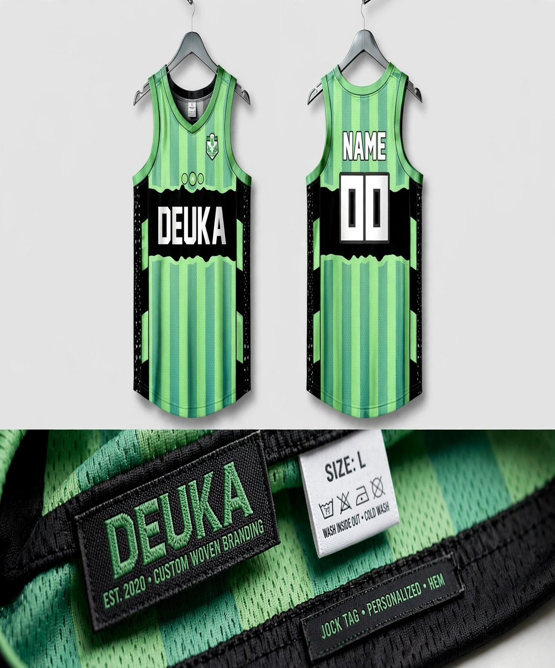 Green and black DEUKA basketball jerseys with woven labels and jock tags showing custom branding size tag and washing instructions 1144x1375