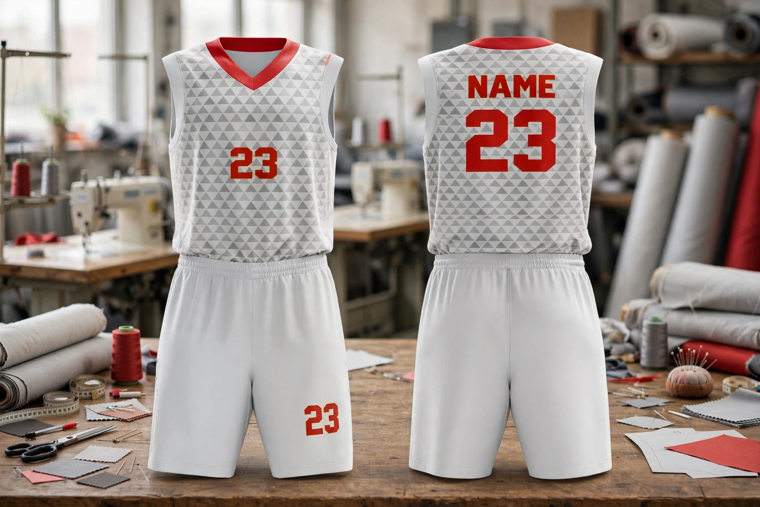 Light gray geometric pattern basketball uniform number 23 red trim front back view in apparel factory showing direct factory partnership advantage