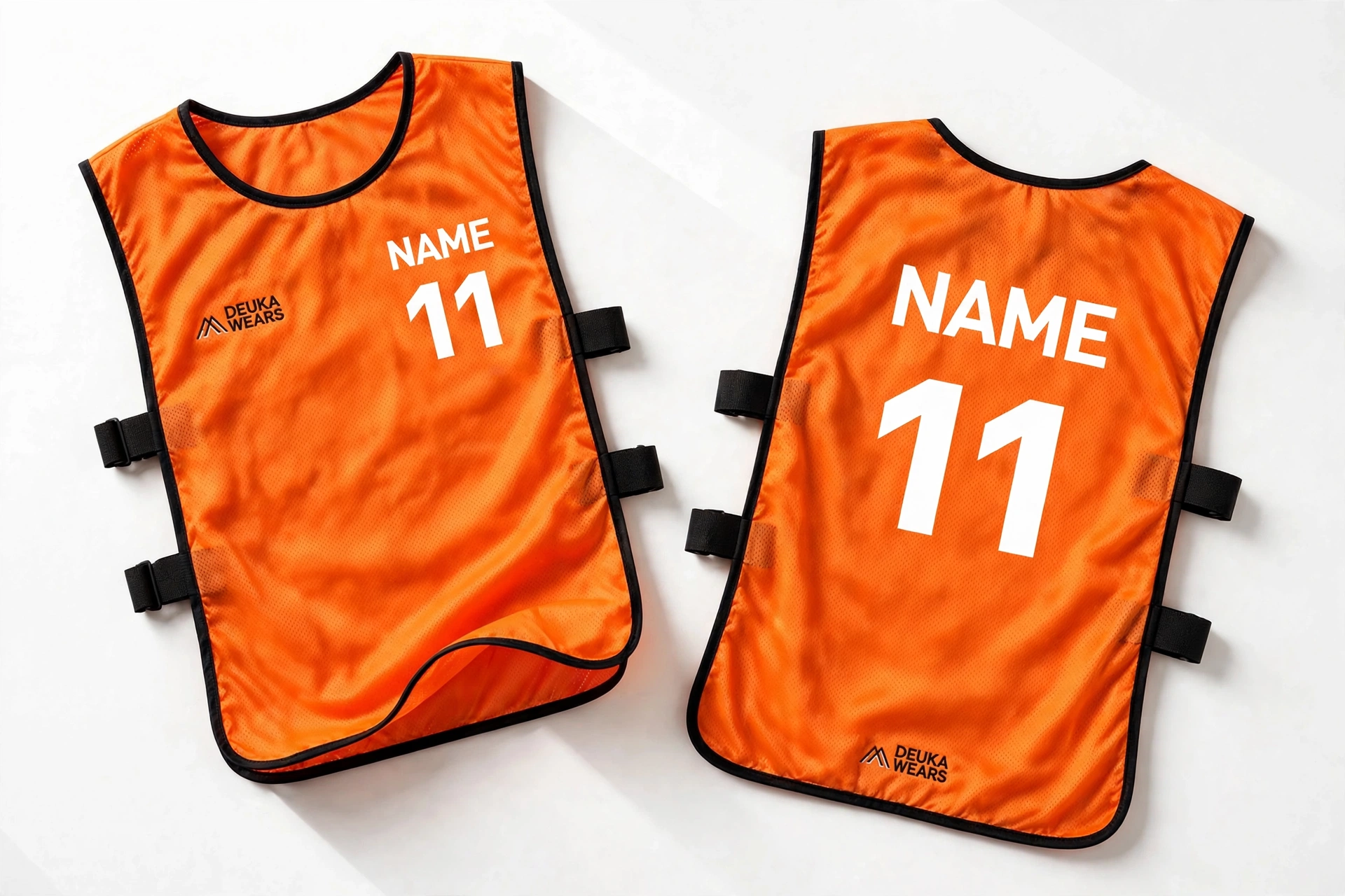 Eye-catchy orange bibs Deuka Wears NAME 11 flatlay