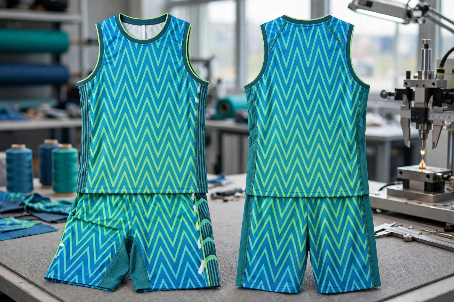 Engineering durability test of turquoise zigzag basketball uniform with reinforced stitching