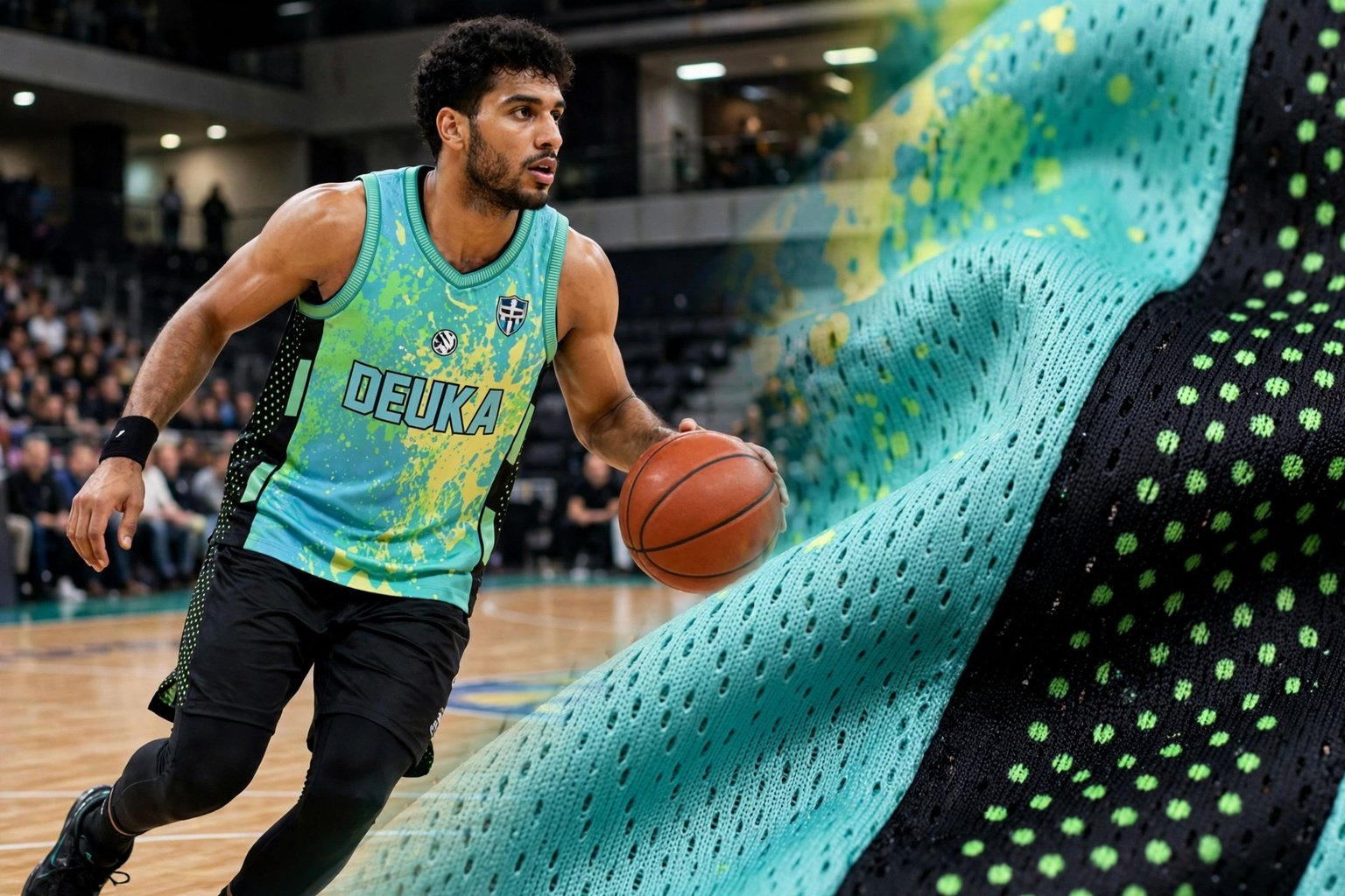Advanced fabric selection and engineering - industrial-grade polyester micro-mesh pin-dot pro-mesh panels ventilation durable interlock knit reinforced neck armhole ribbing - Deuka teal yellow 00 basketball jersey textile composition