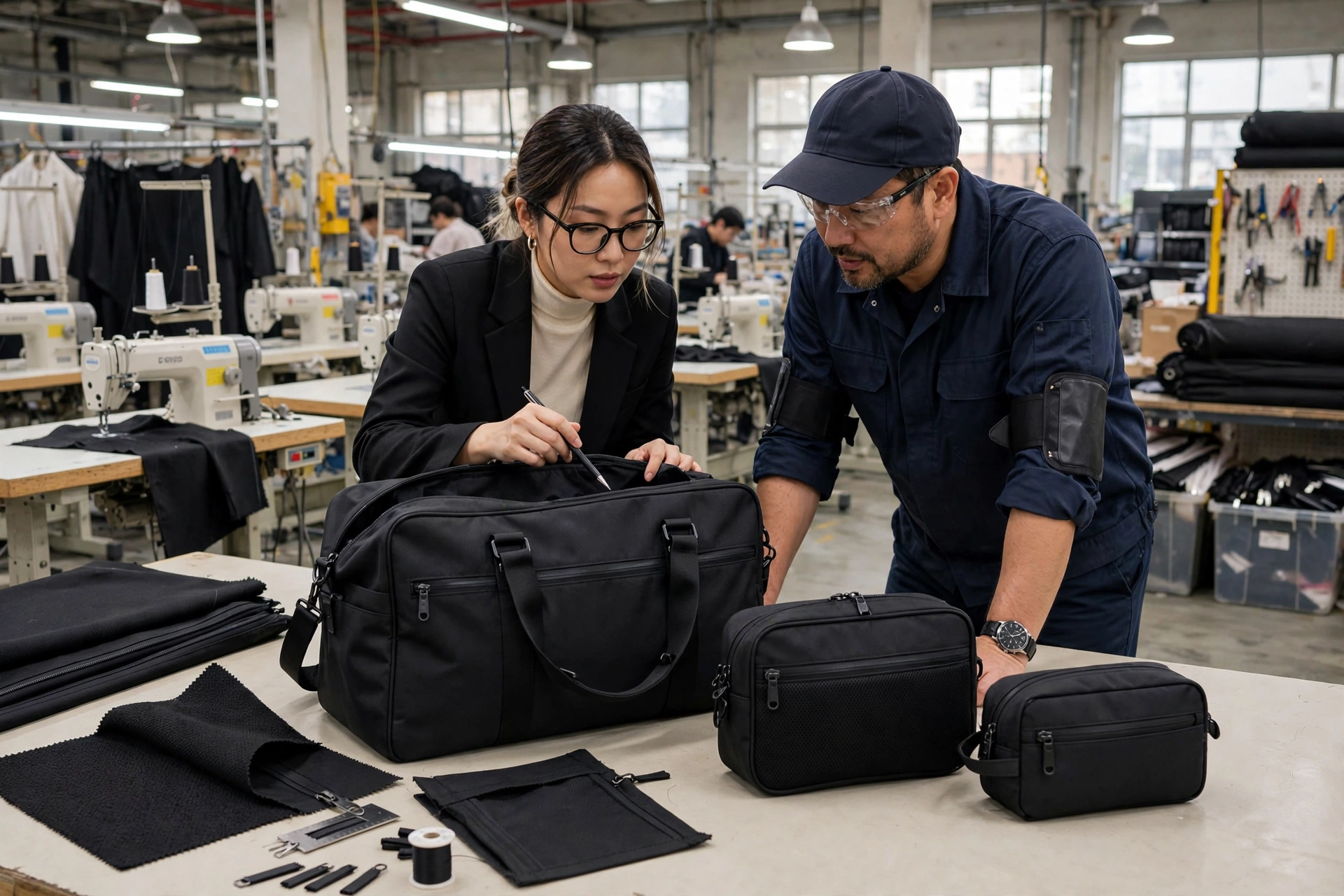 Black duffle set with large duffle and two accessory pouches on factory table with designer and factory manager inspecting fabric density zipper gauge - direct OEM partnership control