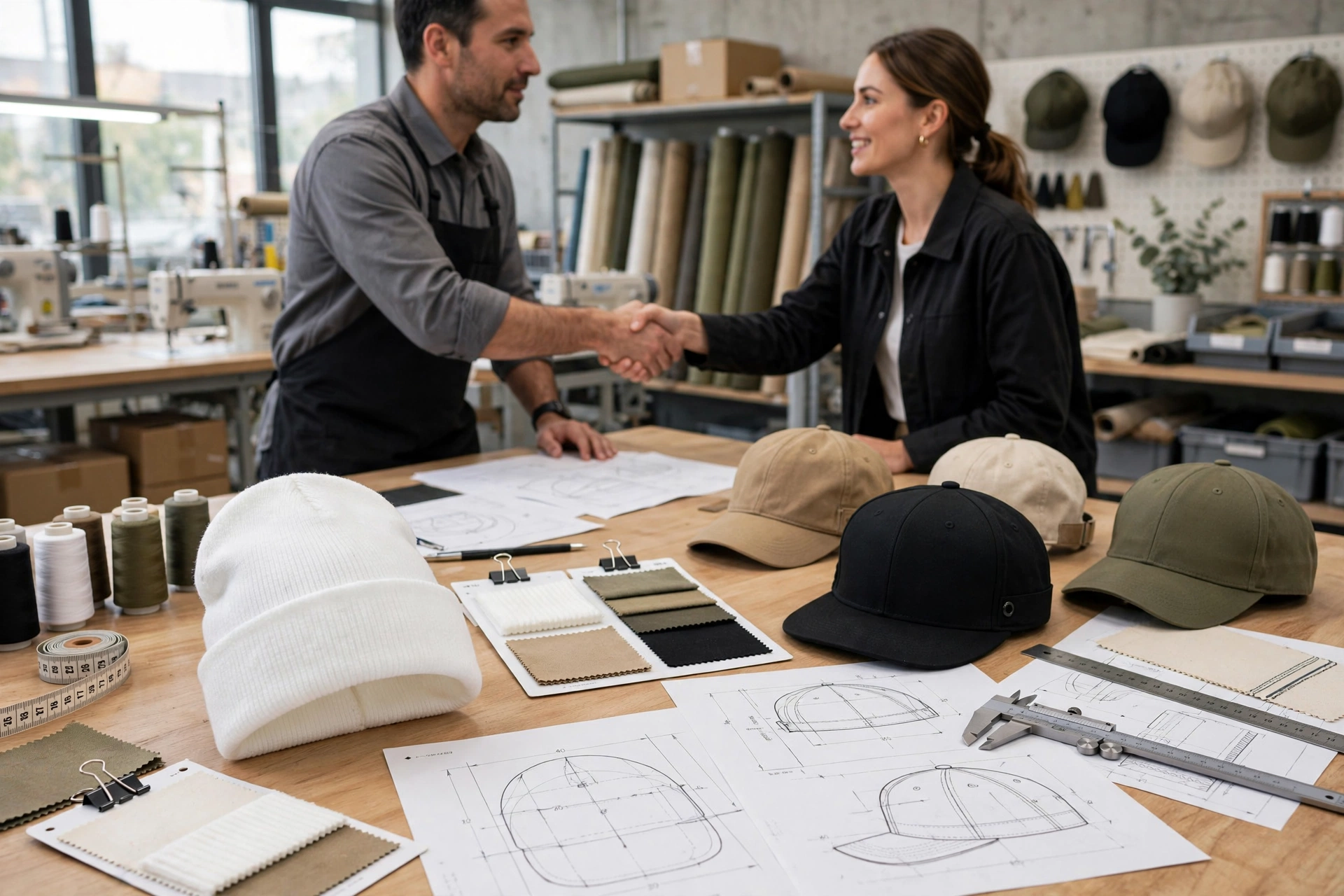 White cuffed beanie with snapback and dad hats on factory design table with fabric swatches, technical sketches, thread spools, and handshake representing direct factory partnership