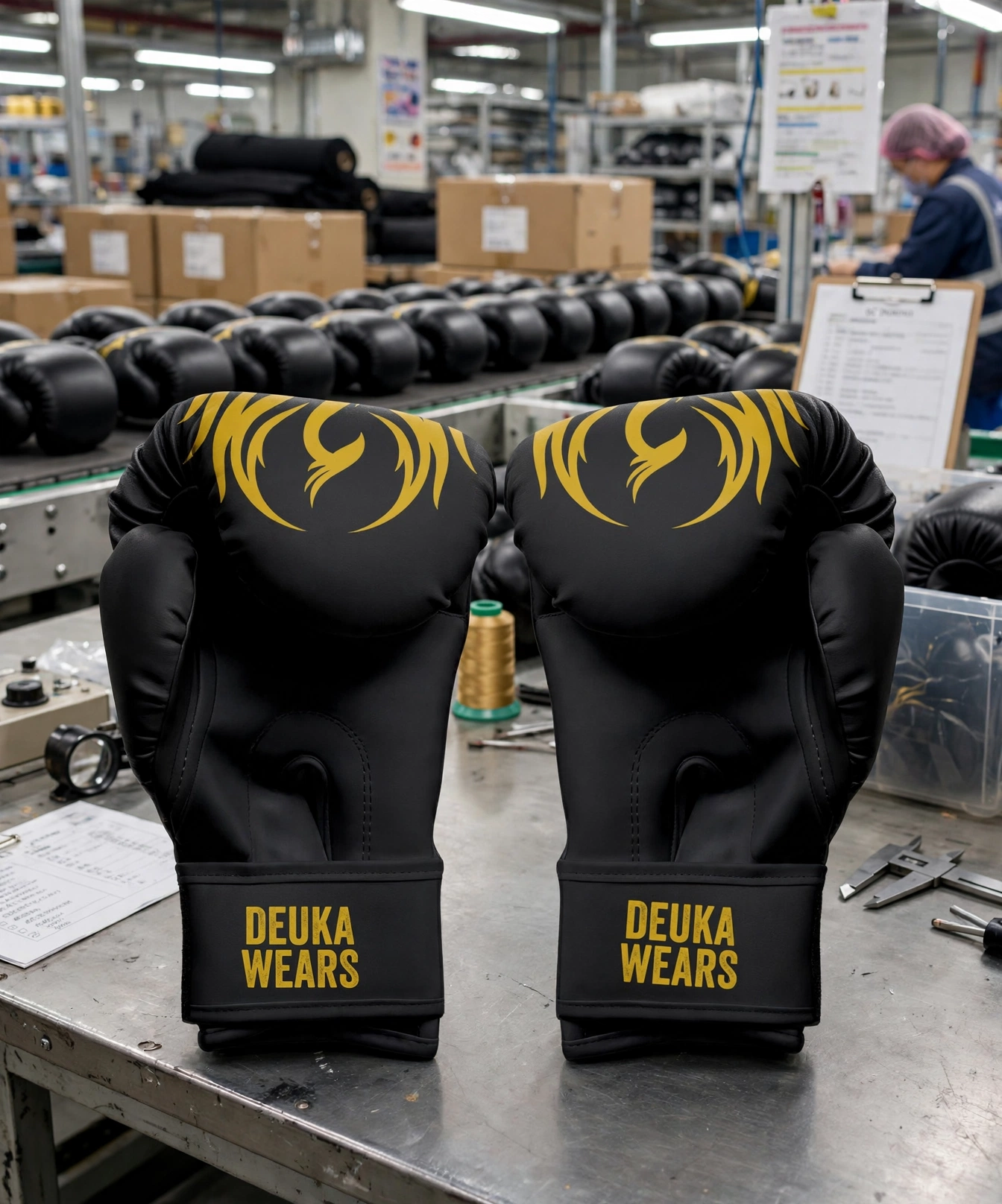 Black Deuka Wears boxing gloves with gold tribal on factory table with bulk production in background - mass production timeline quality control