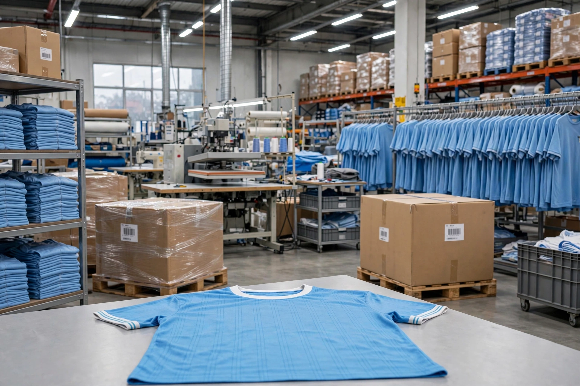 Light blue t-shirt on table in industrial facility with hundreds of same shirts on racks and shelves showing guaranteed production scalability for massive rollouts - 1536x1024