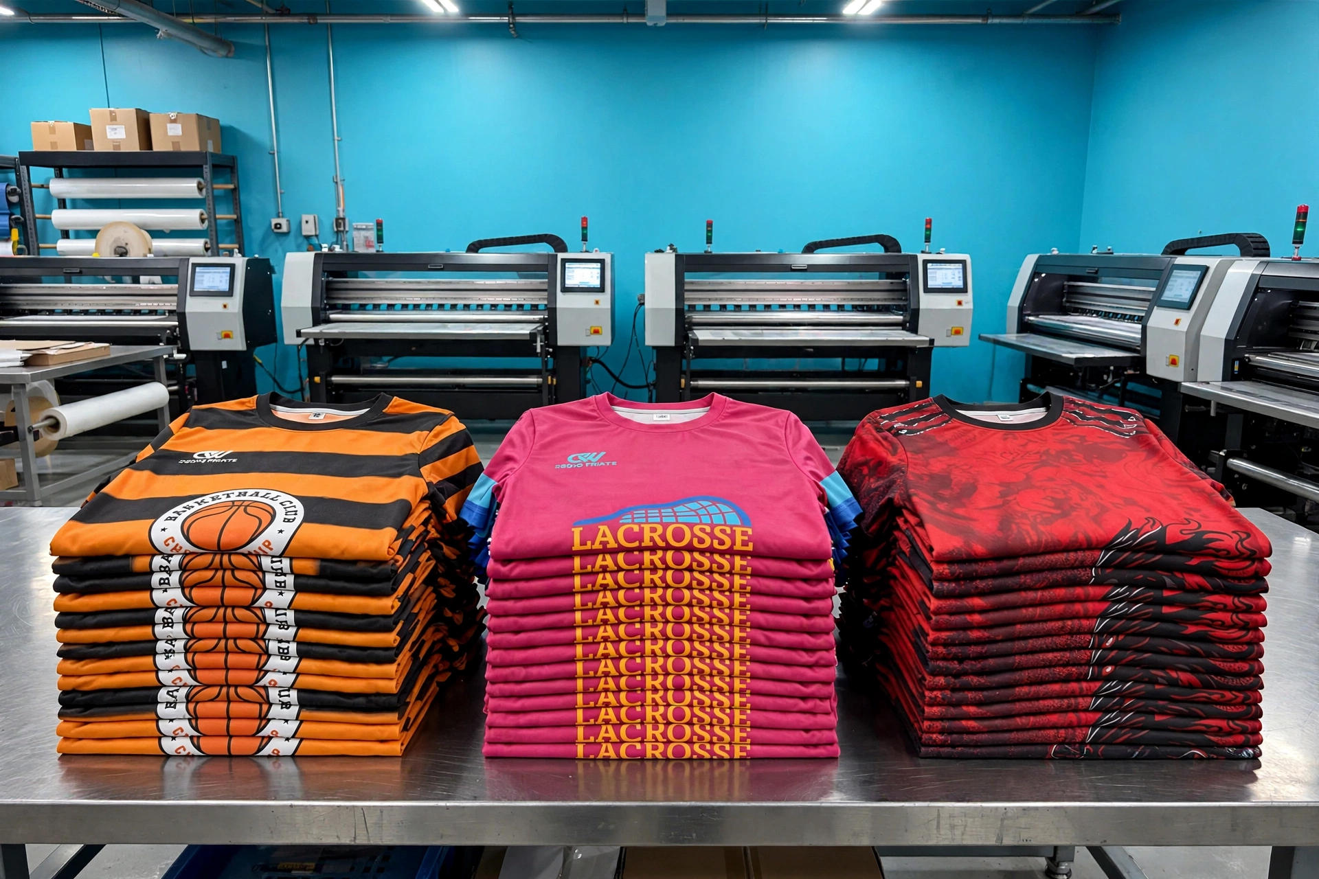 Custom sublimation printing factory walls hex color 49C8EA light blue scalable production volume pricing orange basketball pink lacrosse red dragon jerseys high volume