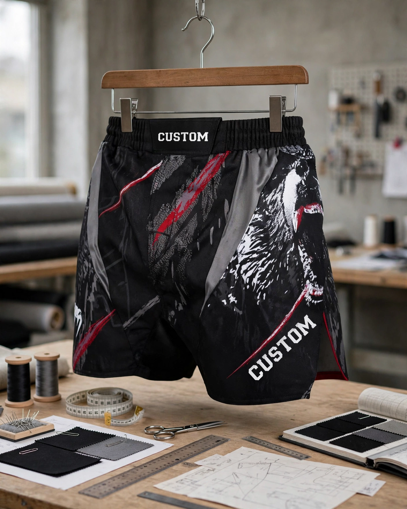 Black custom MMA shorts with white gorilla bear graphic and CUSTOM text hanging on hanger above atelier table with fabric swatches measuring tape scissors - sample prototyping fit fabric weight stitching
