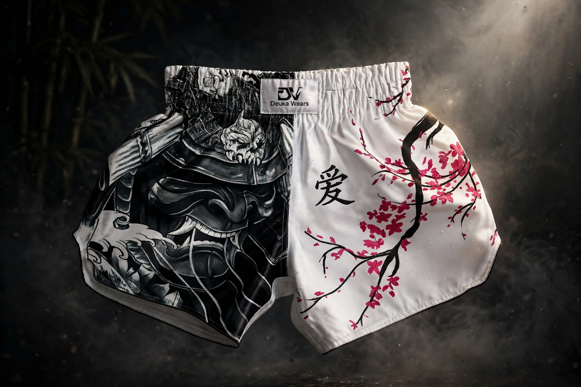 Floating samurai Muay Thai shorts Deuka black logo dramatic