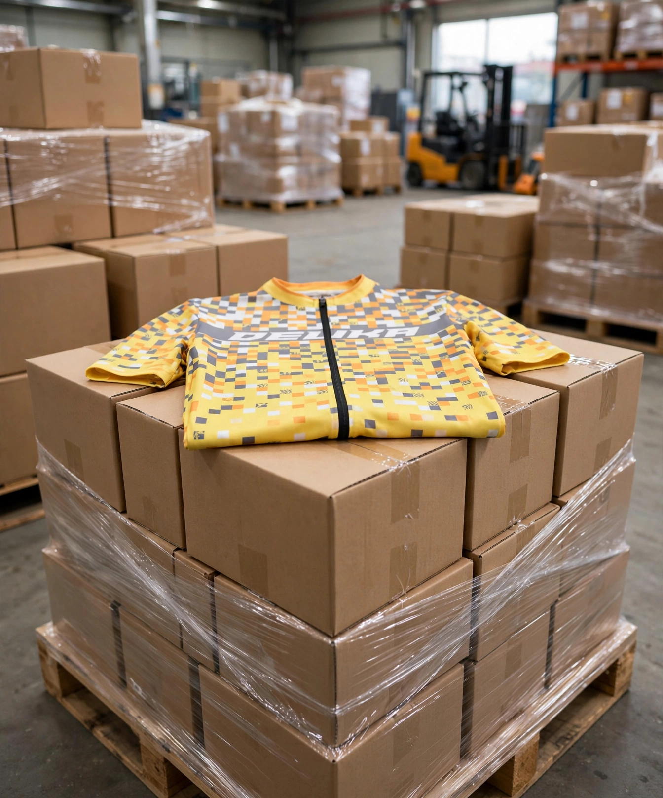 Yellow DELIKA cycling jersey folded on top of stacked protective cartons wrapped pallets in warehouse with forklift — global logistics international freight 423x509
