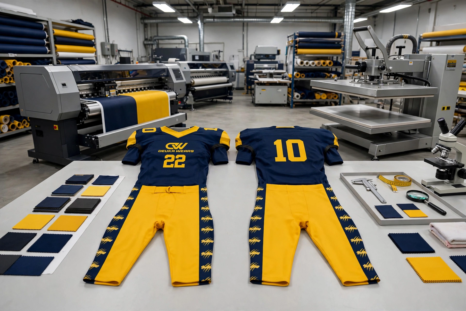 Navy blue and yellow American football uniform front 22 back 10 Deuka Wears on QC table with industrial sublimation printers, thermal heat press, fabric rolls and color management tools - strategic operational execution in sublimation manufacturing 1536x1024