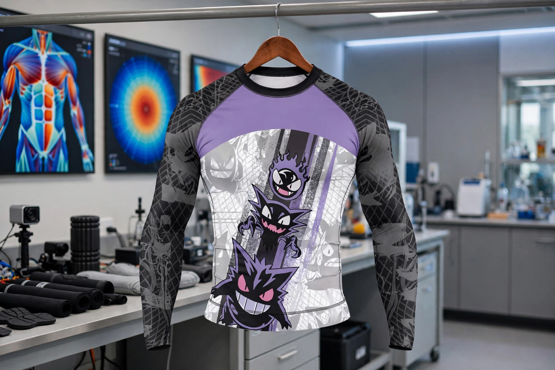 Purple and black Gengar ghost character long sleeve rash guard hanging on wooden hanger in ergonomic muscle compression lab with muscle circulation mapping screens - ergonomic muscle compression