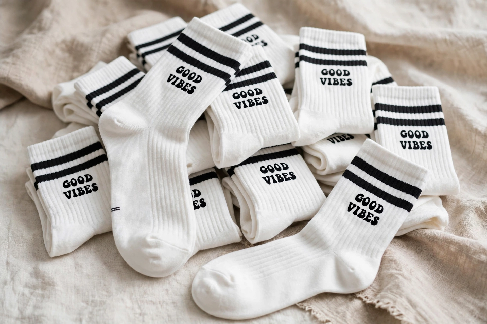 White GOOD VIBES crew socks with two black stripes on cuff stacked in pile of 20 pairs - low barrier to entry with low minimum order quantity
