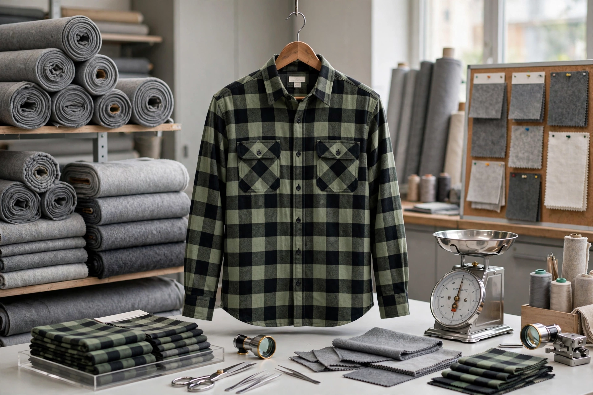 Green and black checkered yarn-dyed flannel button-down shirt hanging on wooden hanger in premium fabric engineering lab with 320-450 GSM tech fleece rolls, heavyweight cotton flannel fabric swatches, GSM scale and textile testing tools - high-density timeless button-downs